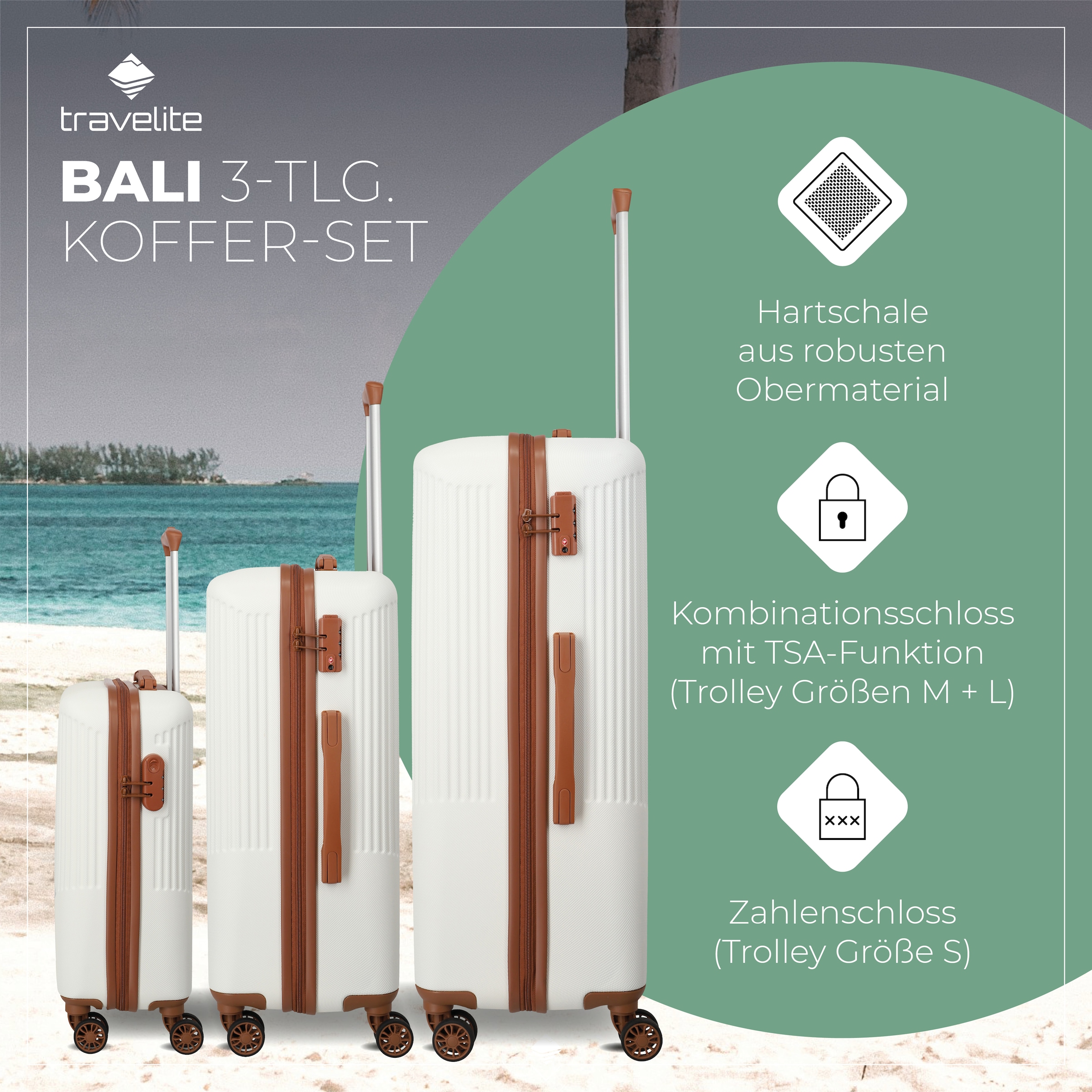 travelite Trolleyset »BALI 4w L/M/S«, (Set, 3 tlg., Hartschalen Trolley Set), Kofferset Reisegepäck Reisekoffer Hartschallenkoffer TSA Schloss