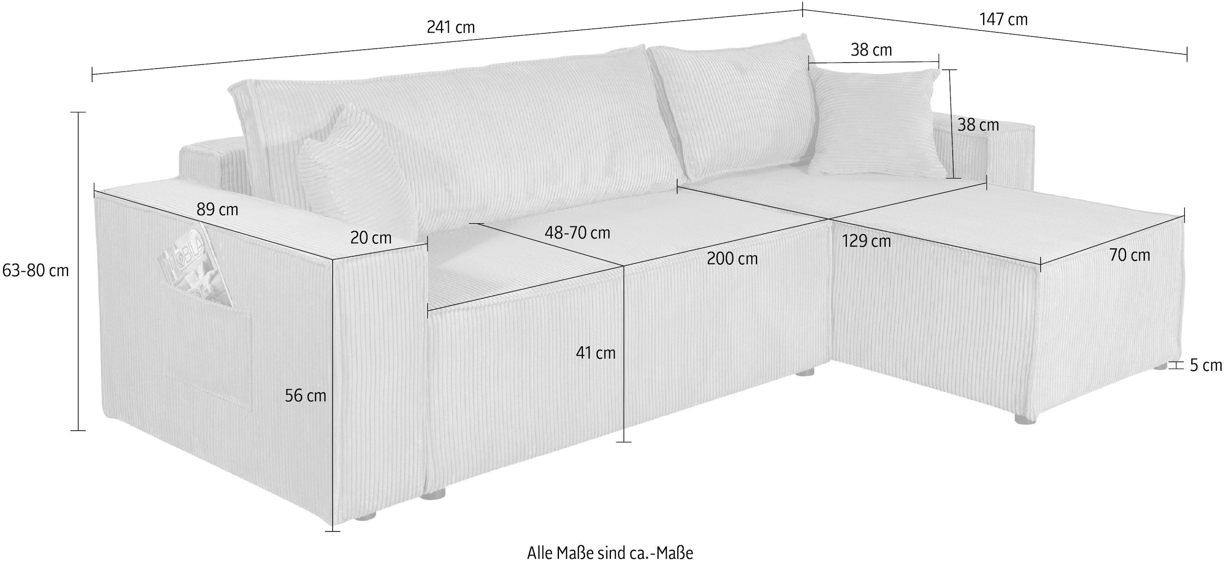 OTTO home Ecksofa »CASSI L-Form, 241cm - OTTO. Verlässliche Qualität.« Schlaffunktion (133/200), Bettkasten, auch in Cord