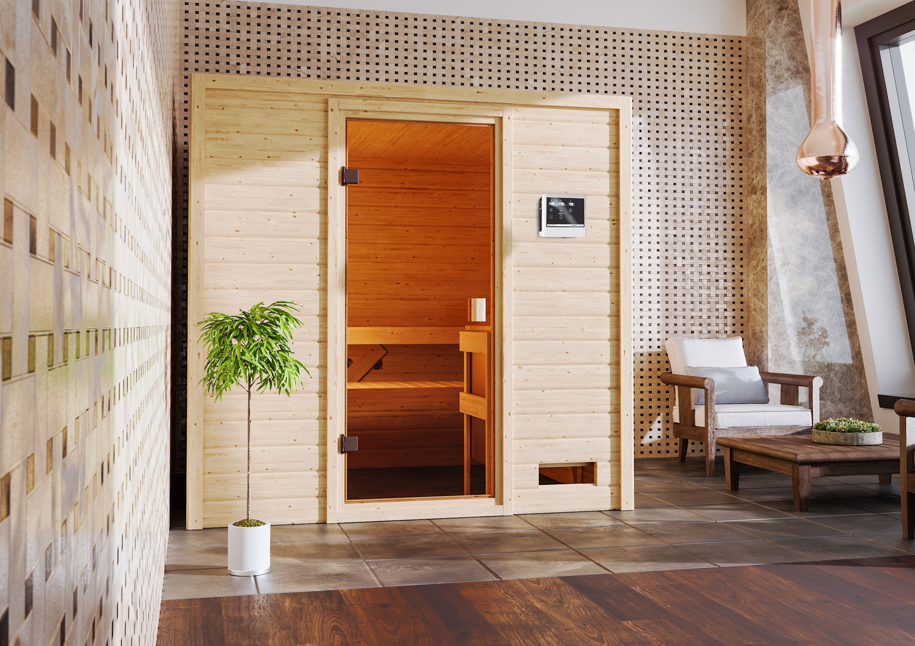 Karibu Sauna ""Ricky" mit bronzierter Tür, naturbelassen" aus hochwertiger nordischer Fichte