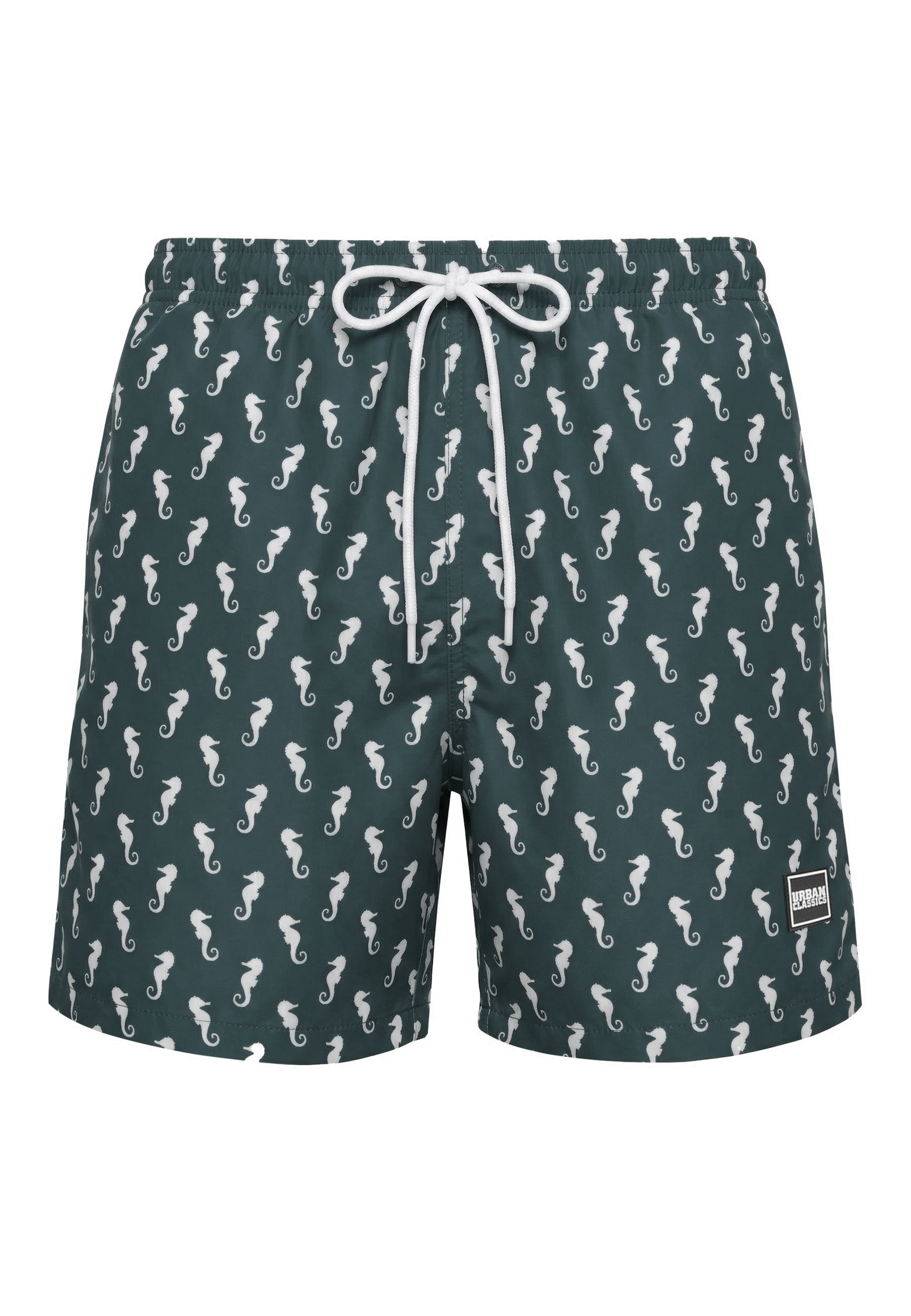 Badeshorts URBAN CLASSICS "Urban Classics Herren Pattern Swim Shorts", Herren, Gr. S, US-Größen, schwarzgrünseahorse, 100% Polyester, Badehosen Badeshorts