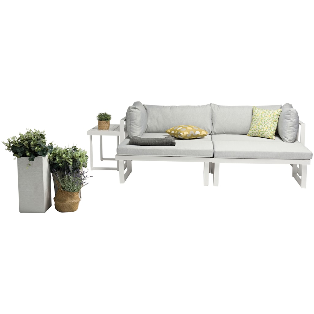 Destiny Gartenlounge-Set »LONG BEACH«, (Set, 11 tlg.), Aluminium, variabel, Tisch 75x40x50cm, + Auflagen Hellgrau meliert