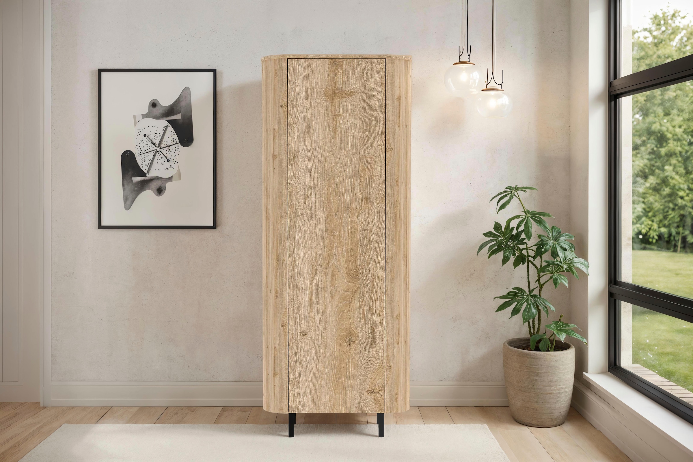 Home affaire Hochschrank "Murano, Stauraumschrank H 200 cm, B 80 cm, 1 Tür, Mehrzweckschrank" Formgebogenes MDF, Stirnseiten mit Rundung, Füße und Griffe aus Metall