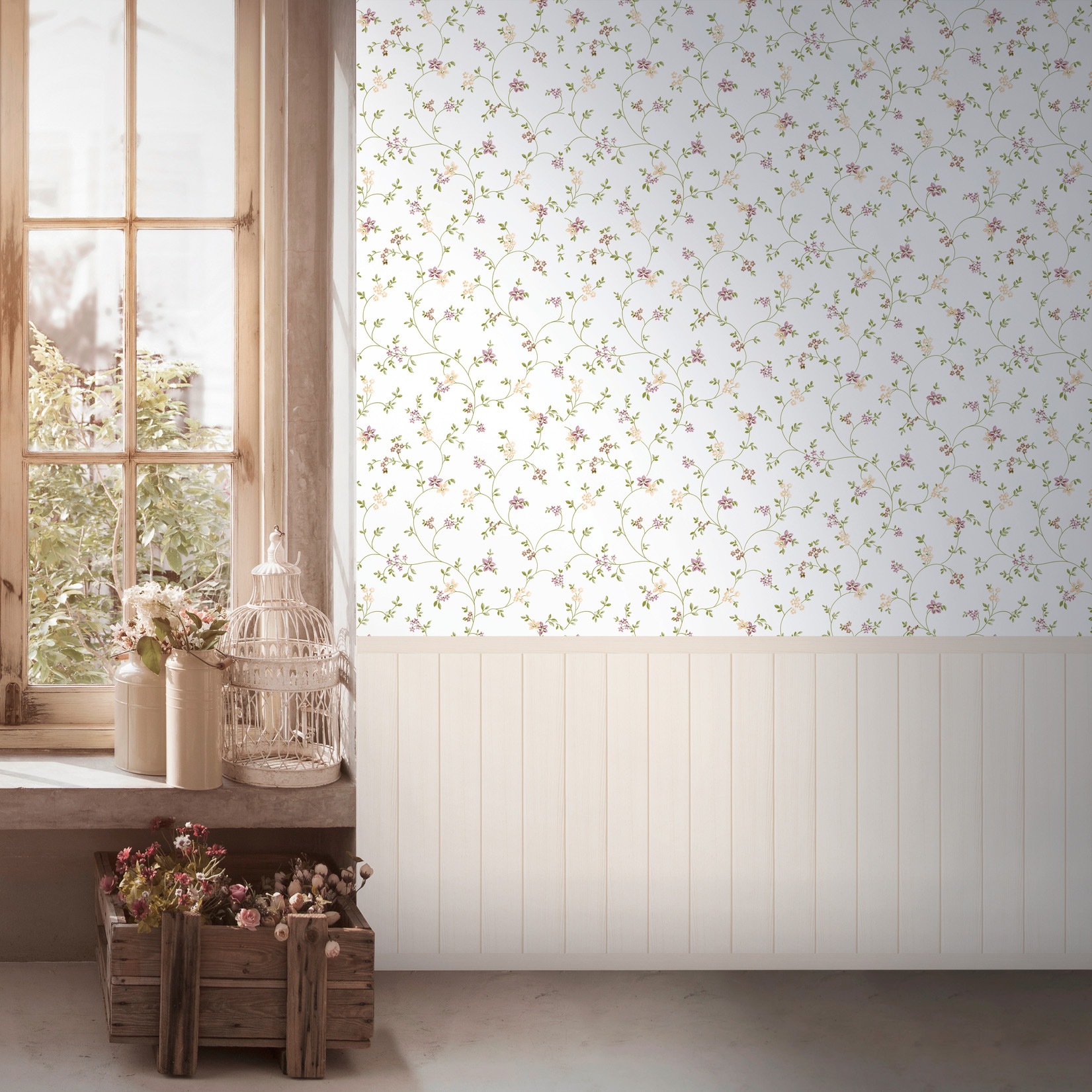 living walls Fototapete »Wallpanel Tapete Wandpaneele Motivtapete Blümchen Natur«, matt, Vliestapete Landhaus für Schlafzimmer Küche Wohnzimmer Wandpaneele
