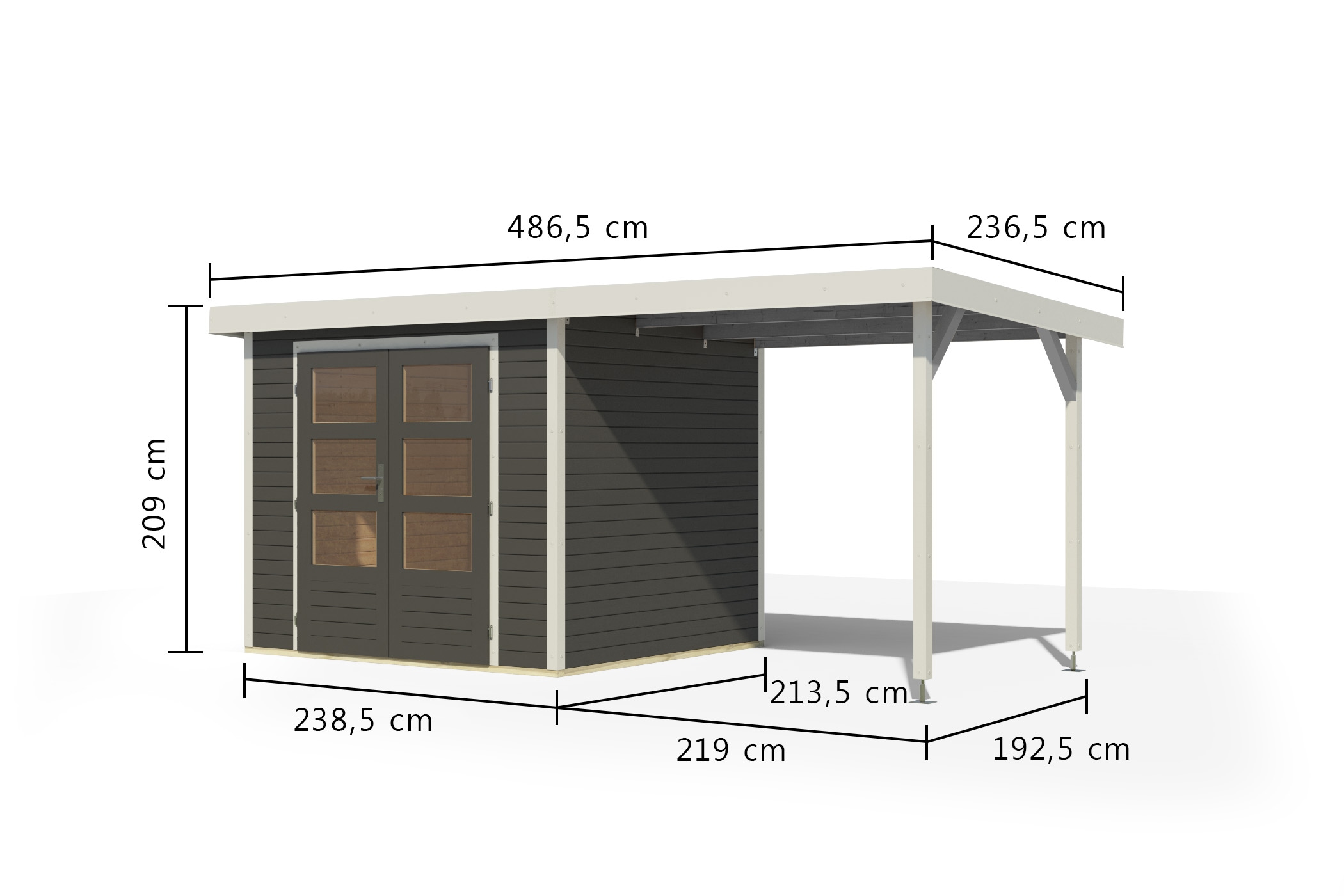 Karibu Gartenhaus »"Jupiter 3 B" SET terragrau, mit Anbaudach 2,35 m breit«, hochwertige Materialien: nordische Fichte, Stahlecken, Trapezblechdach