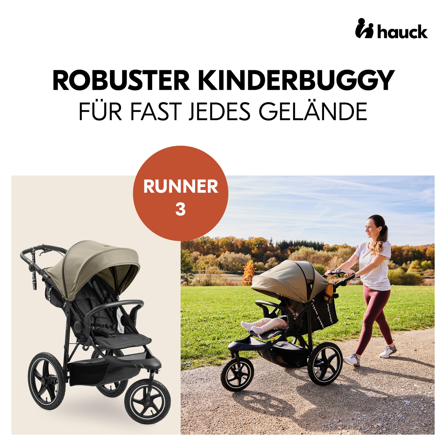 Hauck Dreirad-Kinderwagen »Runner 3, olive«, 22 kg, mit XXL-Lufträdern und Handbremse; bis 22 kg beslastbar