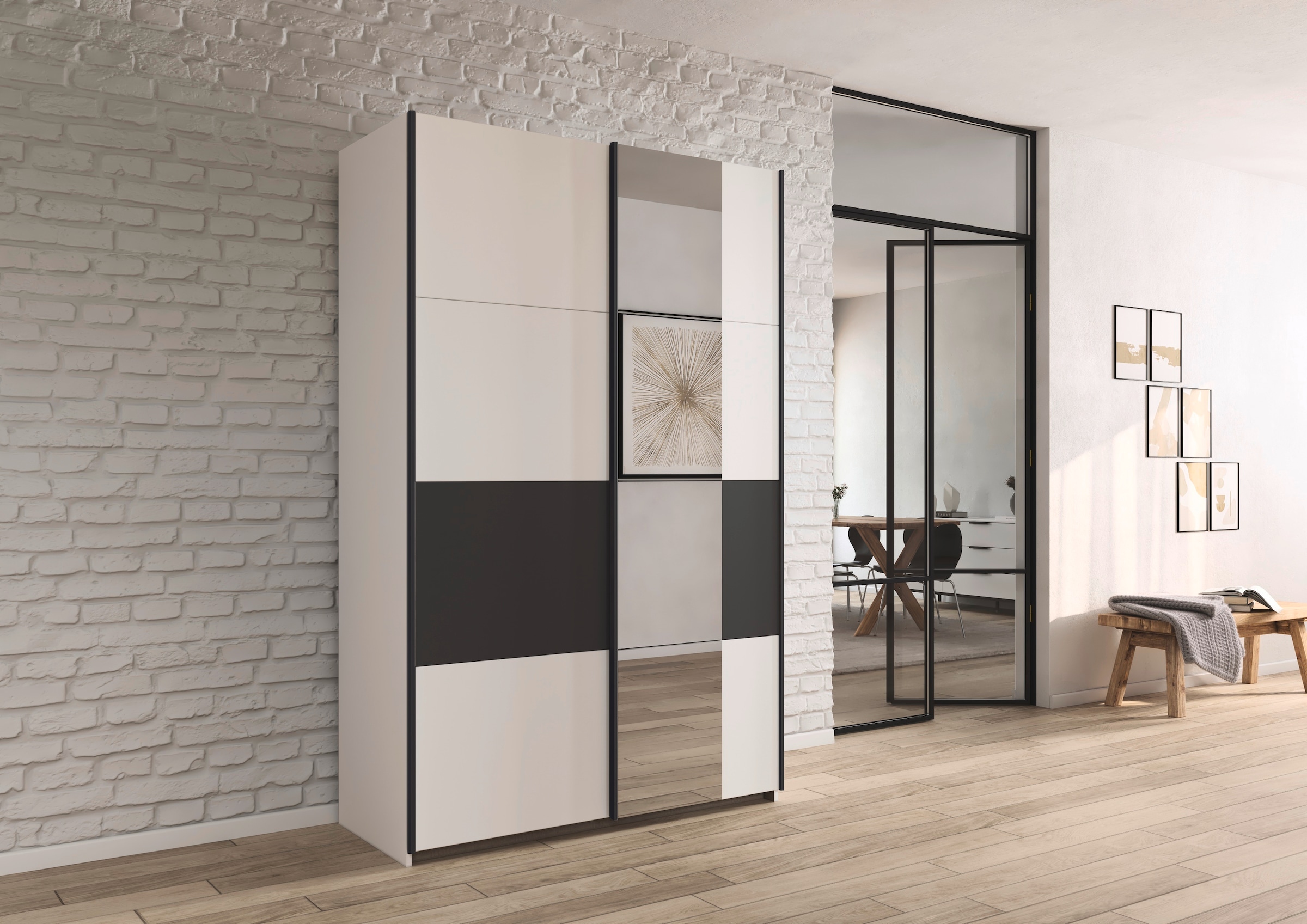 rauch Schwebetürenschrank »Kleiderschrank Schrank Garderobe Schlafzimmerschrank OXFORD«, (in 3 verschiedenen Ausstattungen BASIC/CLASSIC/PREMIUM), mit Griffleisten aus Metall, auch für kleinere Räume MADE IN GERMANY