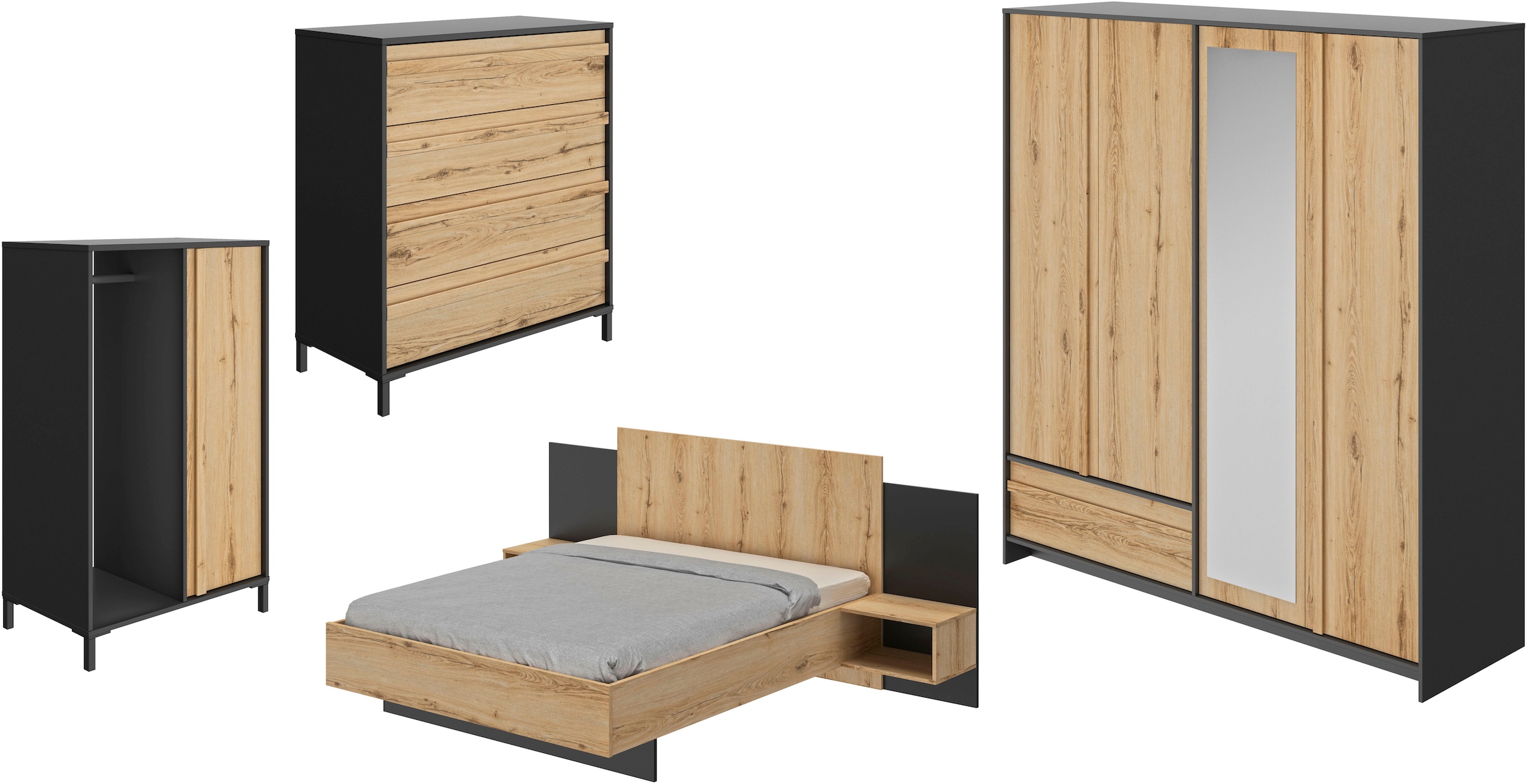 Schlafzimmer-Set »Mimizan«, (4 St., Bett, 2x Nachttische, Kleiderschrank, Kommode,...