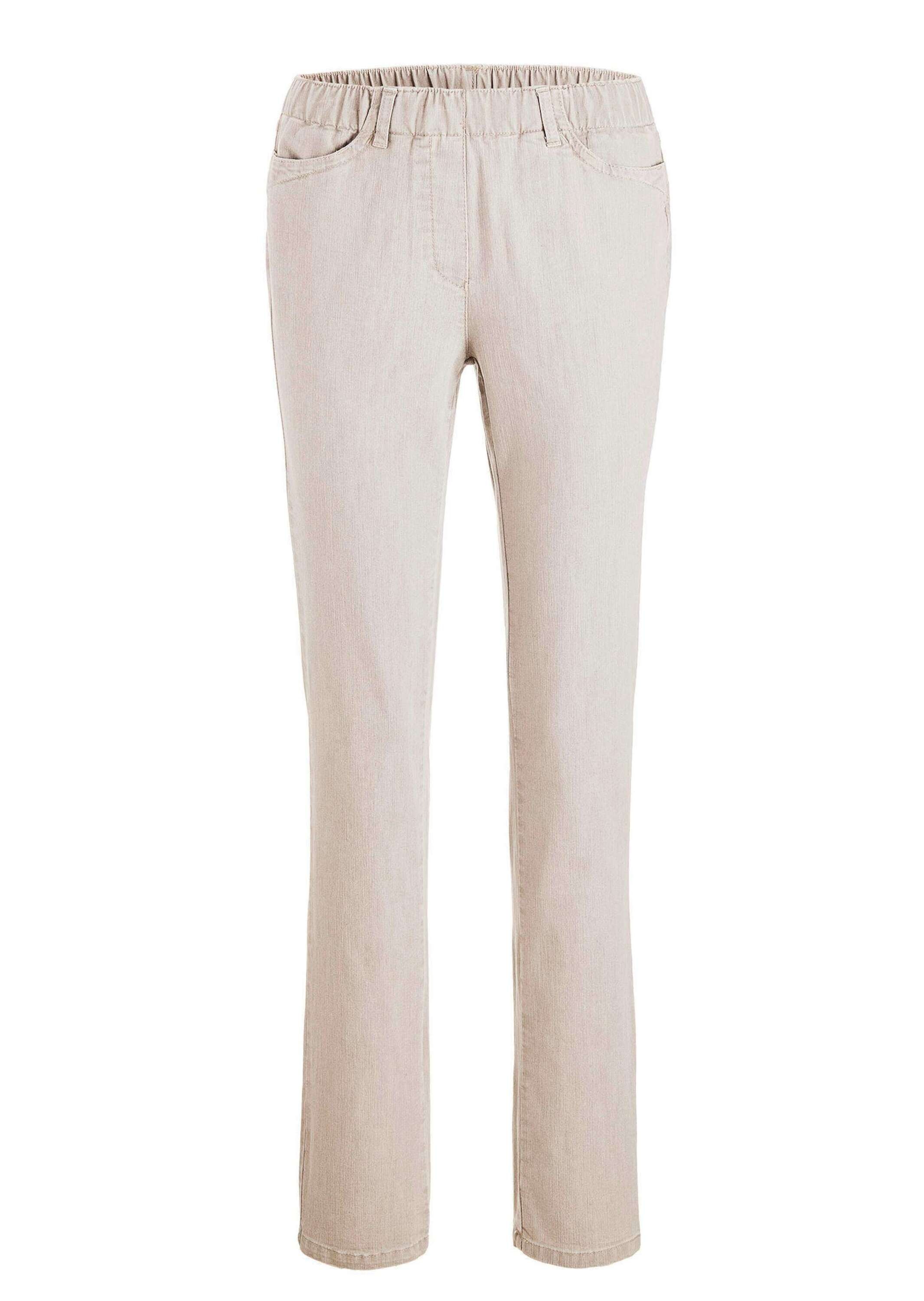 Regular-fit-Jeans GOLDNER "Edel geschmückte Jeansschlupfhose LOUISA", Damen, Gr. 46, N-Gr, beige (helltaupe), Obermaterial: 75% Baumwolle CO. 23% Polyester PES. 2% Elasthan EL., Jeans