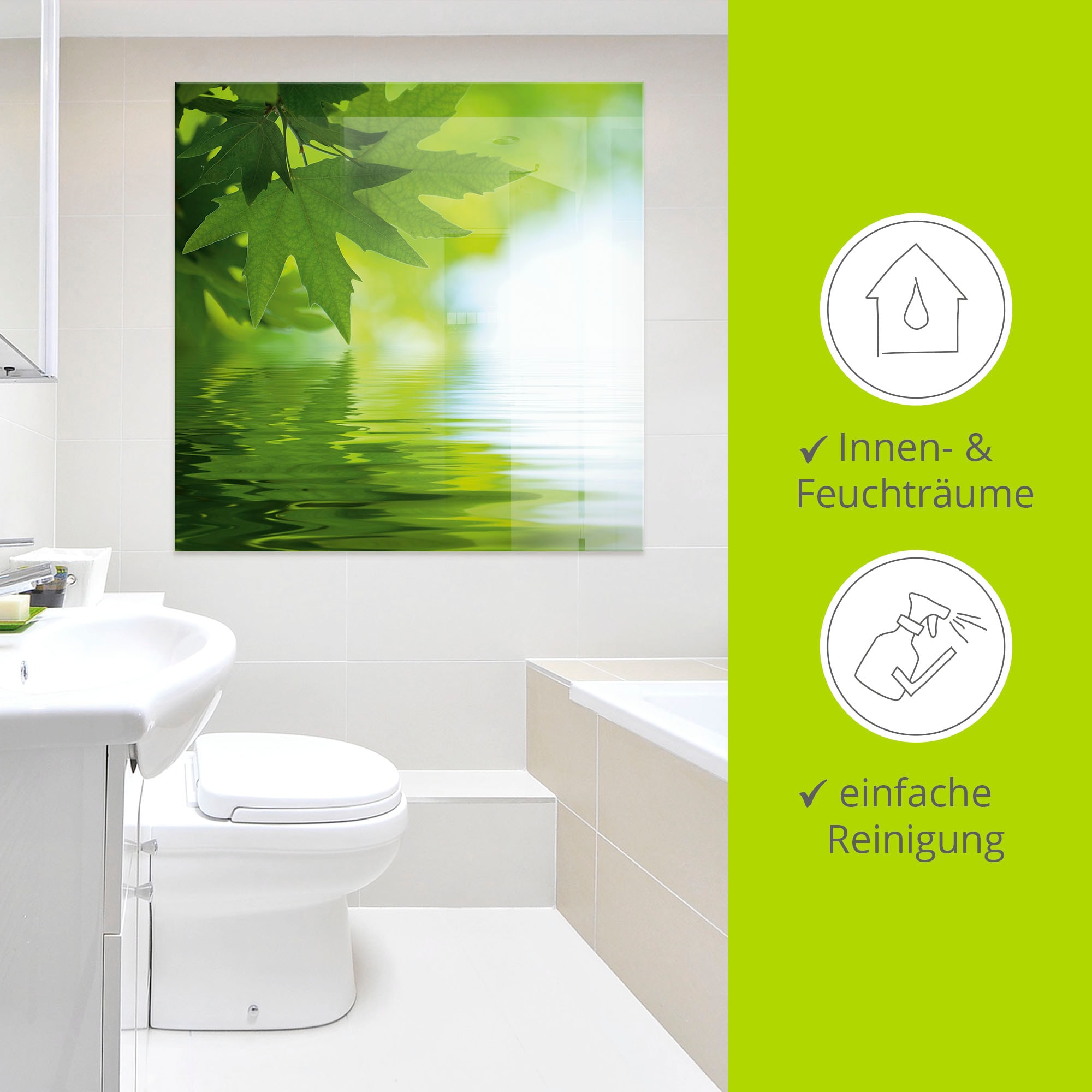 Artland Glasbild »Grüne Blätter reflektieren im Wasser«, Blätter, (1 St.), in verschiedenen Größen