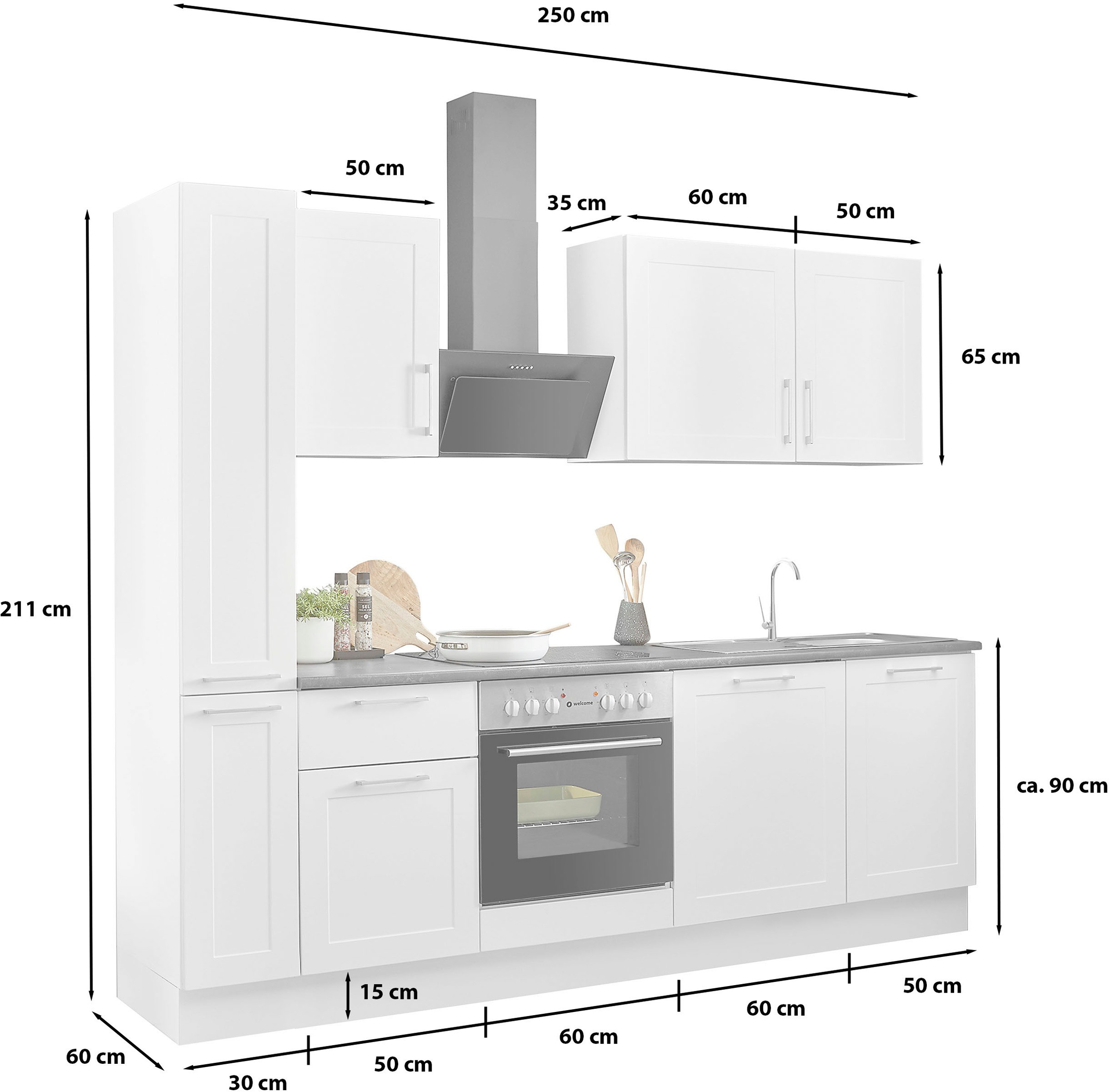BASIC by Balculina Küchenzeile »Marsi«, Breite 250 cm, wahlweise mit E-Geräten, Soft-Close-Funktion