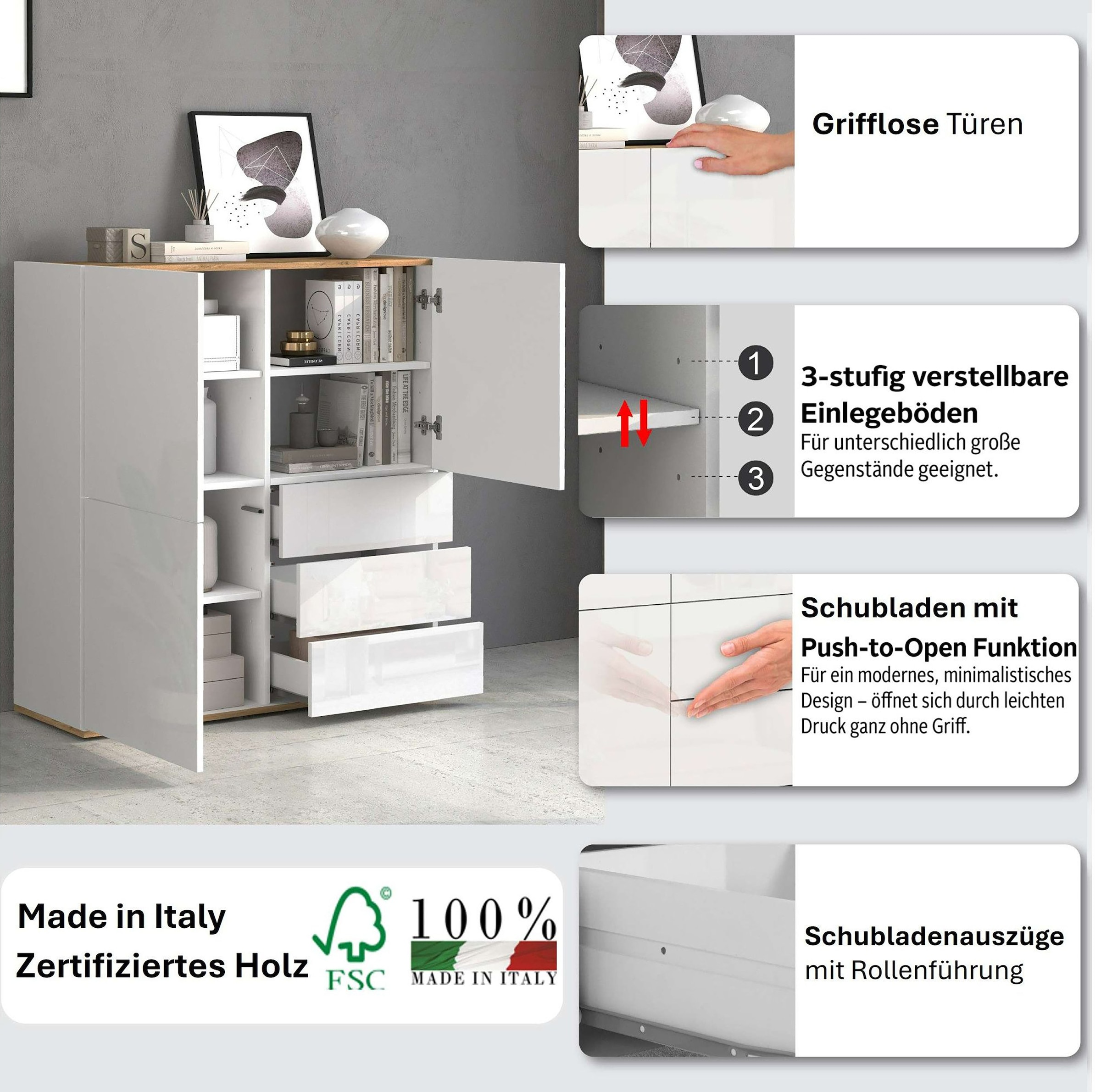 INOSIGN Highboard »GARDA Highboard, Kommode, Schrank, Grifflos mit Push to Open«, (1 St.), 3 Türen, 3 Schubladen, grifflos Breite 102 cm