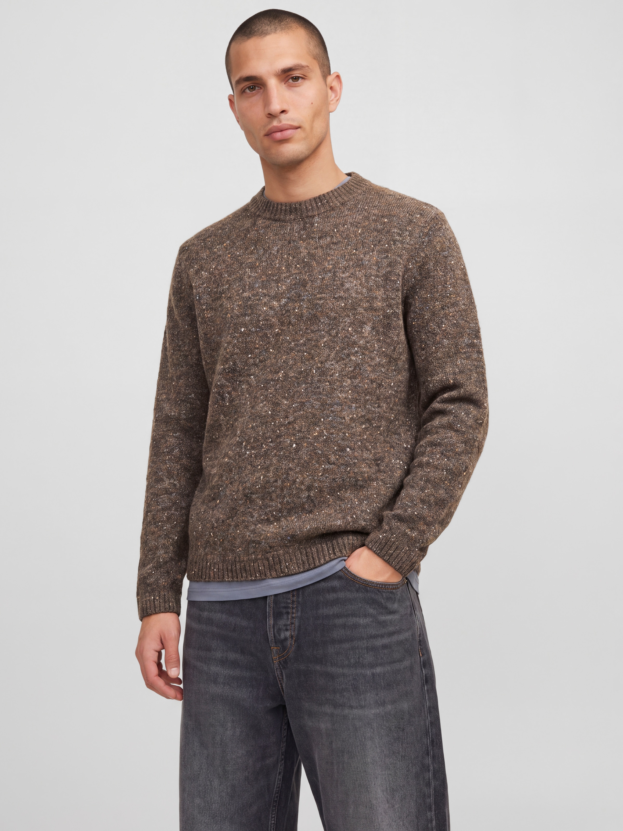 JACK & JONES Herren Rundhalspullover "JJENIEL KNIT CREW NECK SN", braun, Gr. XXL, meliert, Strick, Obermaterial: 41% Baumwolle, 36% Polyester, 18%