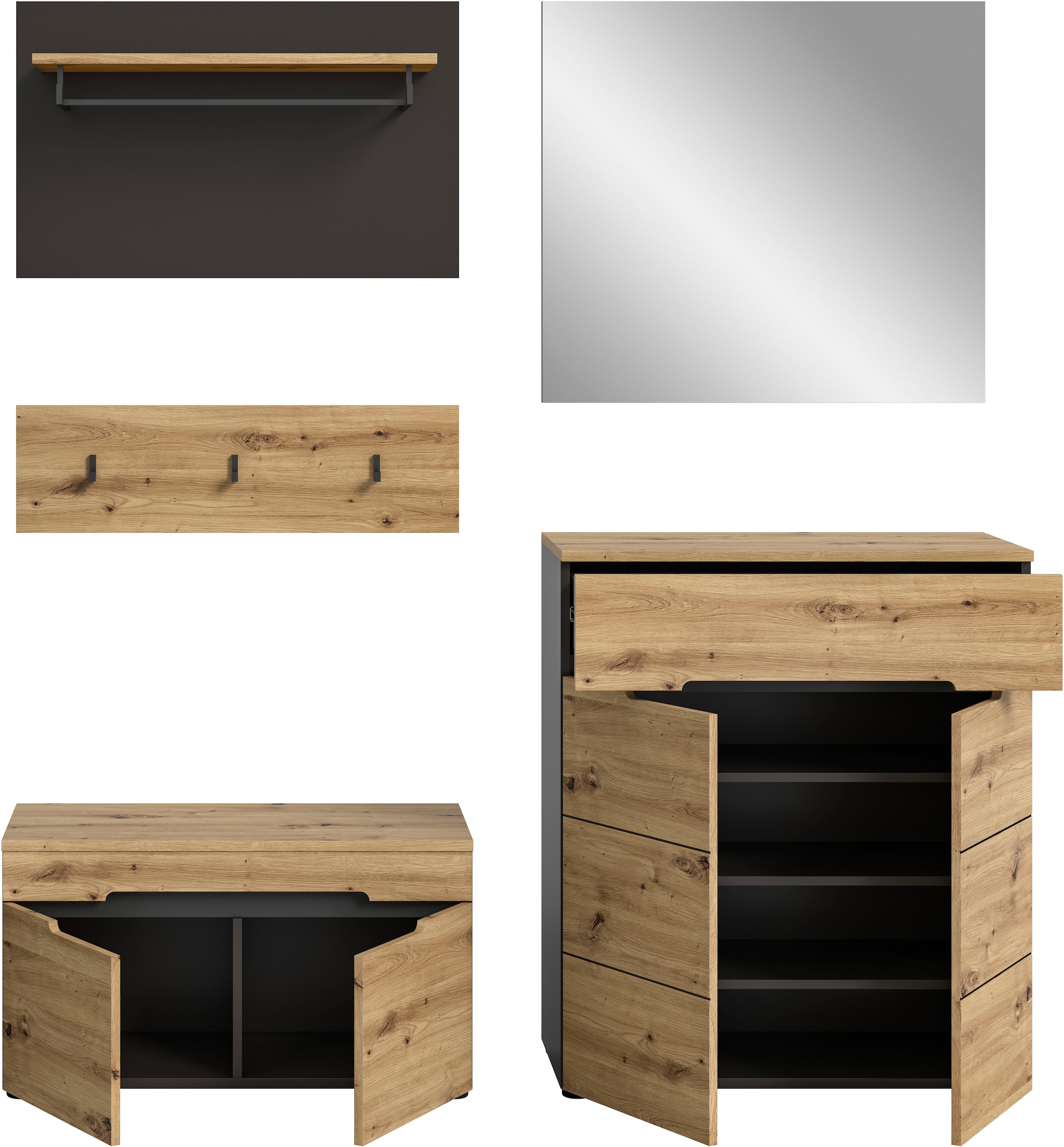 INOSIGN Garderoben-Set »REHAT, TOPSELLER!, 5-teilig, Breite 175cm, individuell stellbar«, (4 St.), Garderobenkombination, Kombination, Diele, Garderobe, Garderobenmöbel
