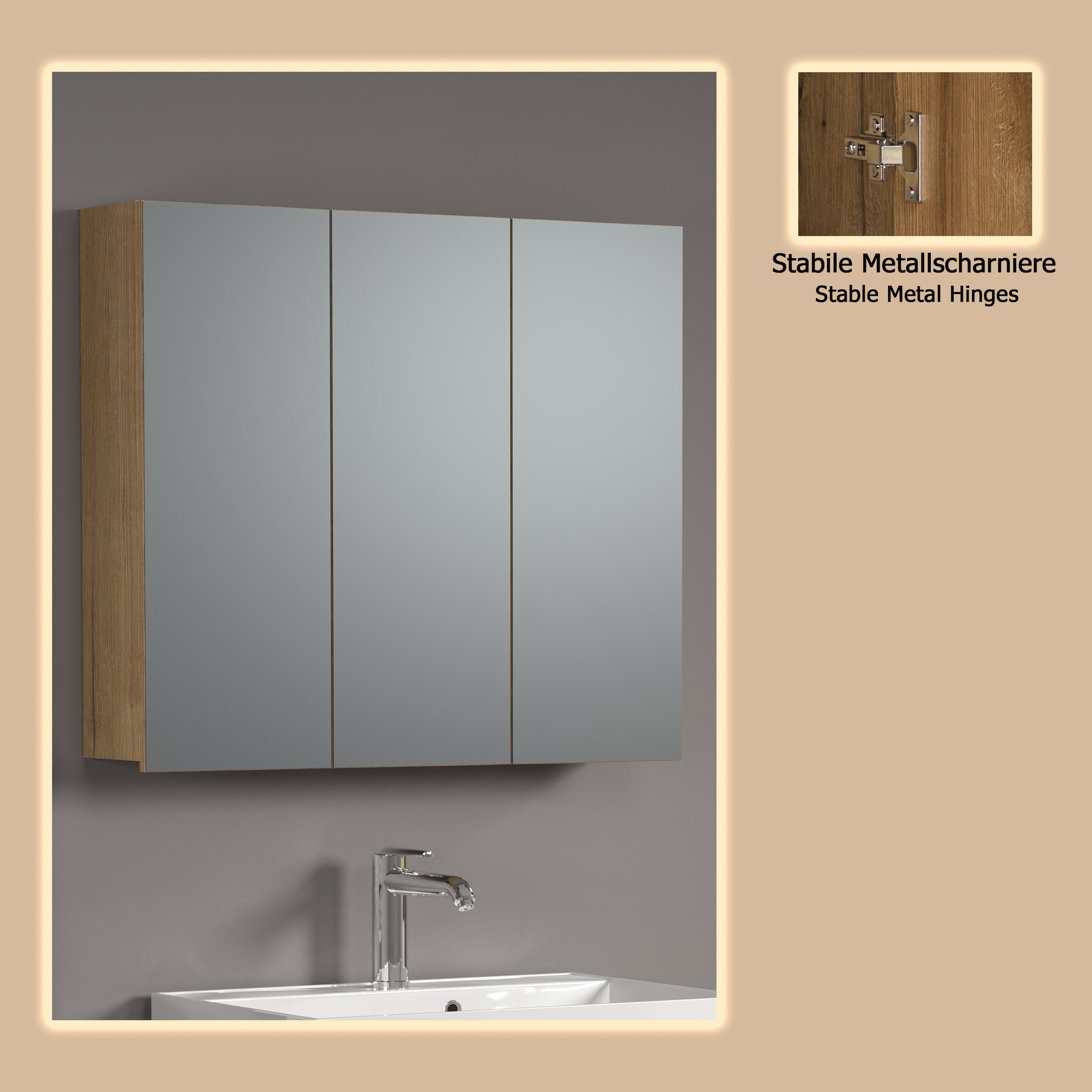 welltime Spiegelschrank »Amrum«, (1 St.), 3-Türiger Badspiegel mit Stauraum - Maße (B/T/H) 90/20/80 cm