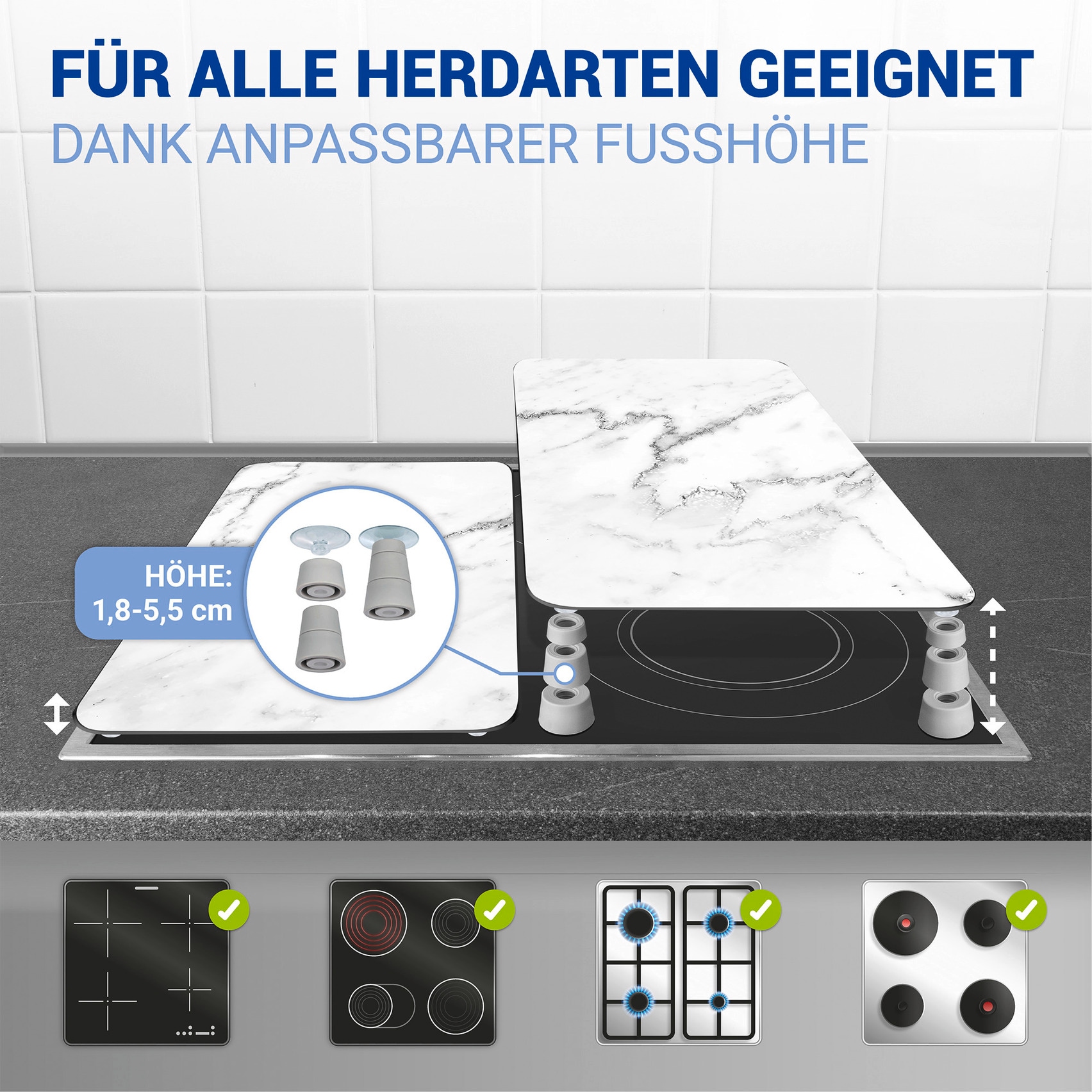 WENKO Herd-Abdeckplatte »Universal Modell Marmor«, (Set, 2 tlg.), Herdabdeckung für alle Herdarten, kratzfest, mit rutschfesten Füßen