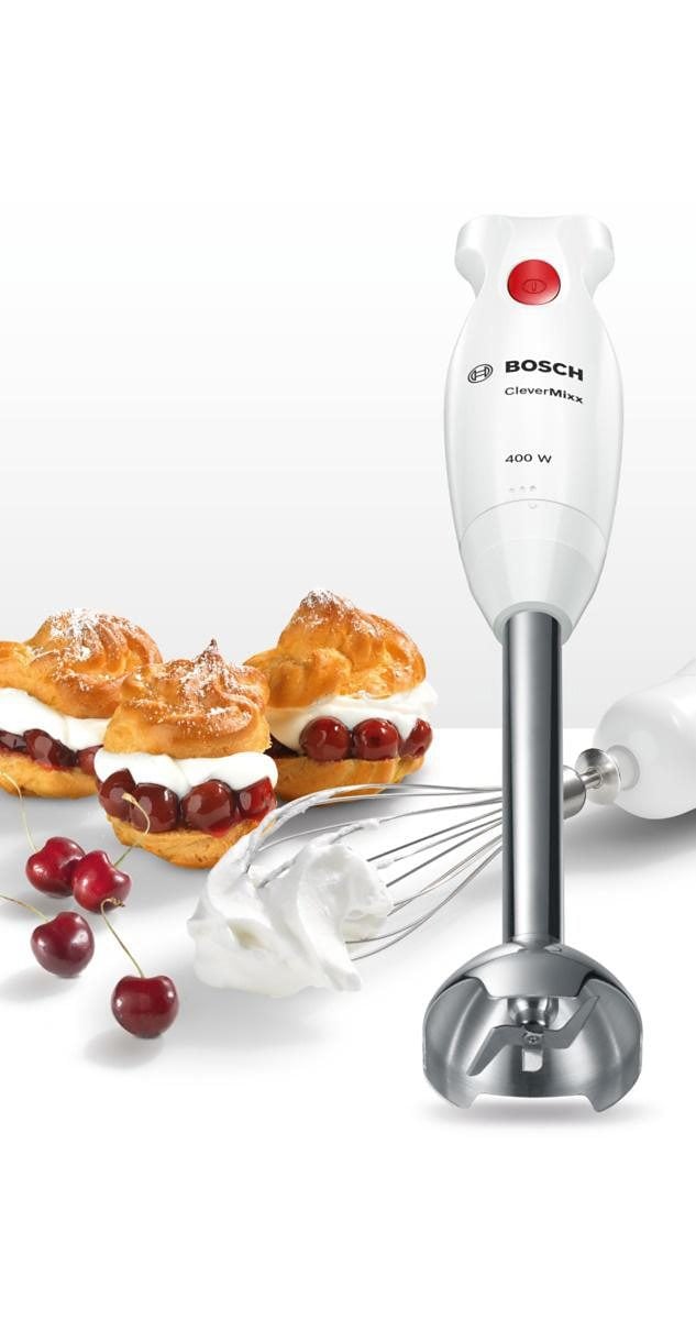 BOSCH Stabmixer »CleverMixx MSM24500, Edelst. Mixfuß, Zerkleinerer, Schneebesen, weiß«, 400 W, 4 Klingen, Mixbecher, Made in Europe