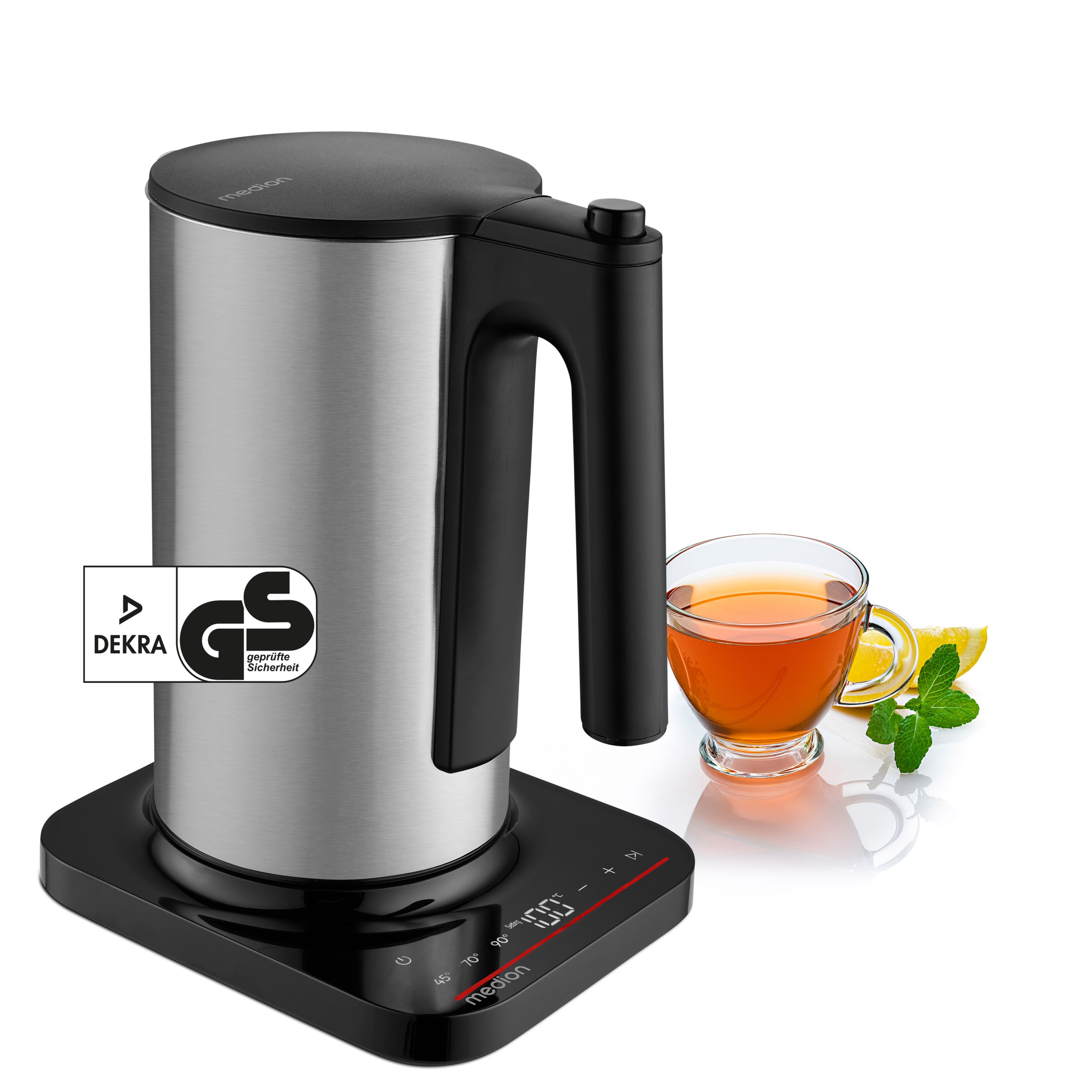 MEDION Wasserkocher "MD12106", B:20,5cm H:28cm T:22,2cmedelstahl, Wasserkocher, 2.200 W, 1,5 L, LED-Display, Sensor-Touch Bedienung, Kindersicherung