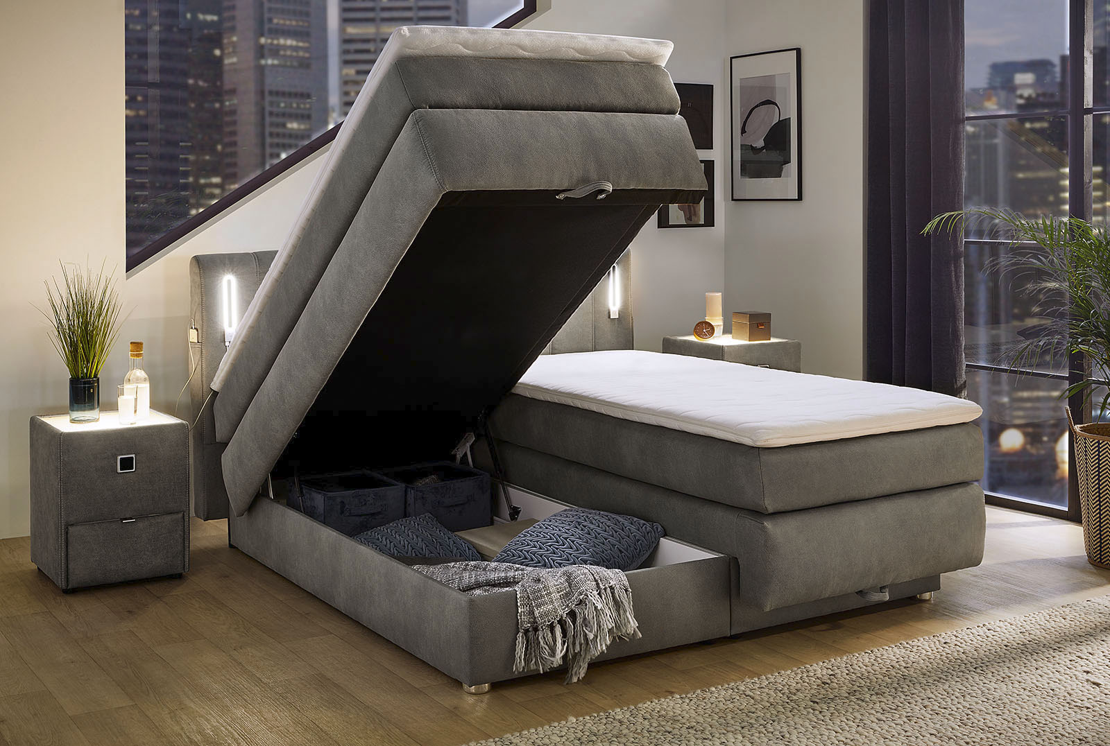 Thumbnail - Jockenhöfer Gruppe Boxspringbett Kati, mit Topper, Bettkasten, dimmbare LED-Beleuchtung und USB Ladeport