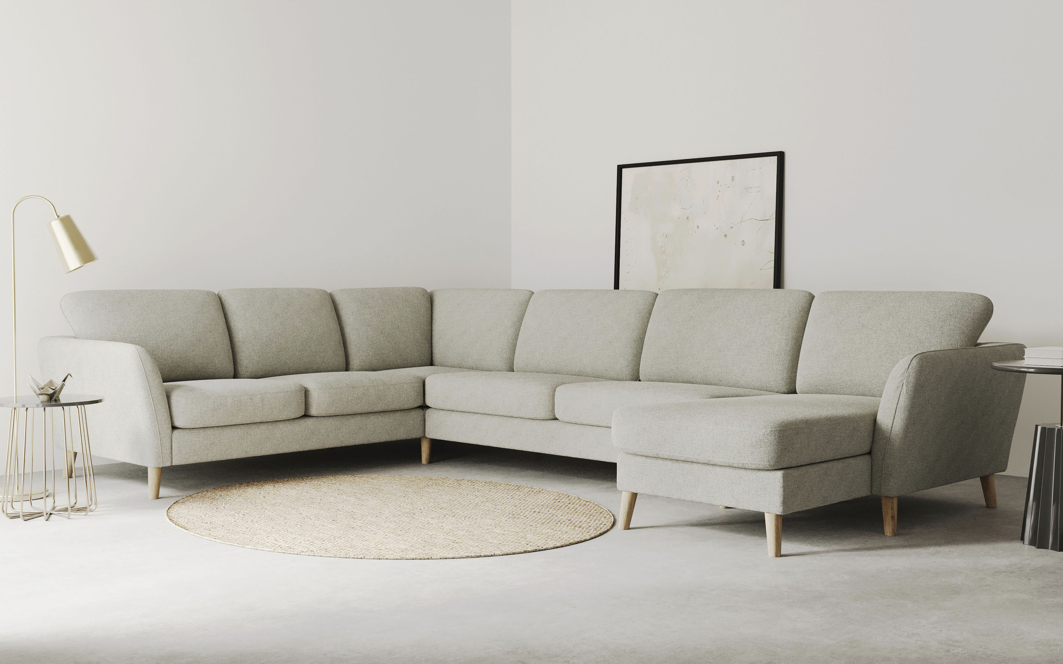 OTTO home Wohnlandschaft "MARSEILLE XXL 349cm, U-Form, Ottomane rechts/links wählbar" Massivholzbeine Eiche, Landhausstil, Wellenunterfederung