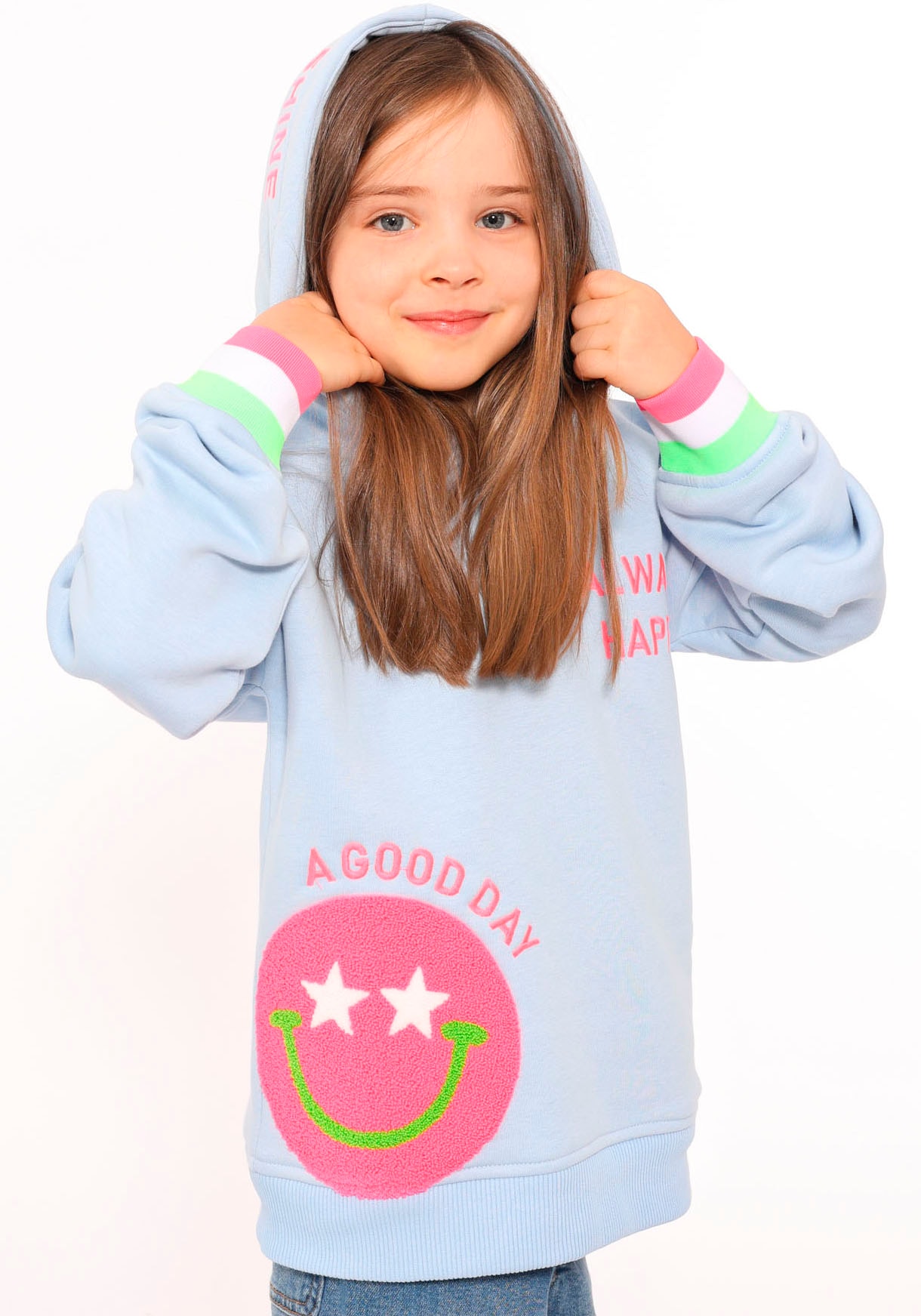 Zwillingsherz Hoodie »"Always Happy" Kids«, mit großem Smiley und neonfarbenen Details