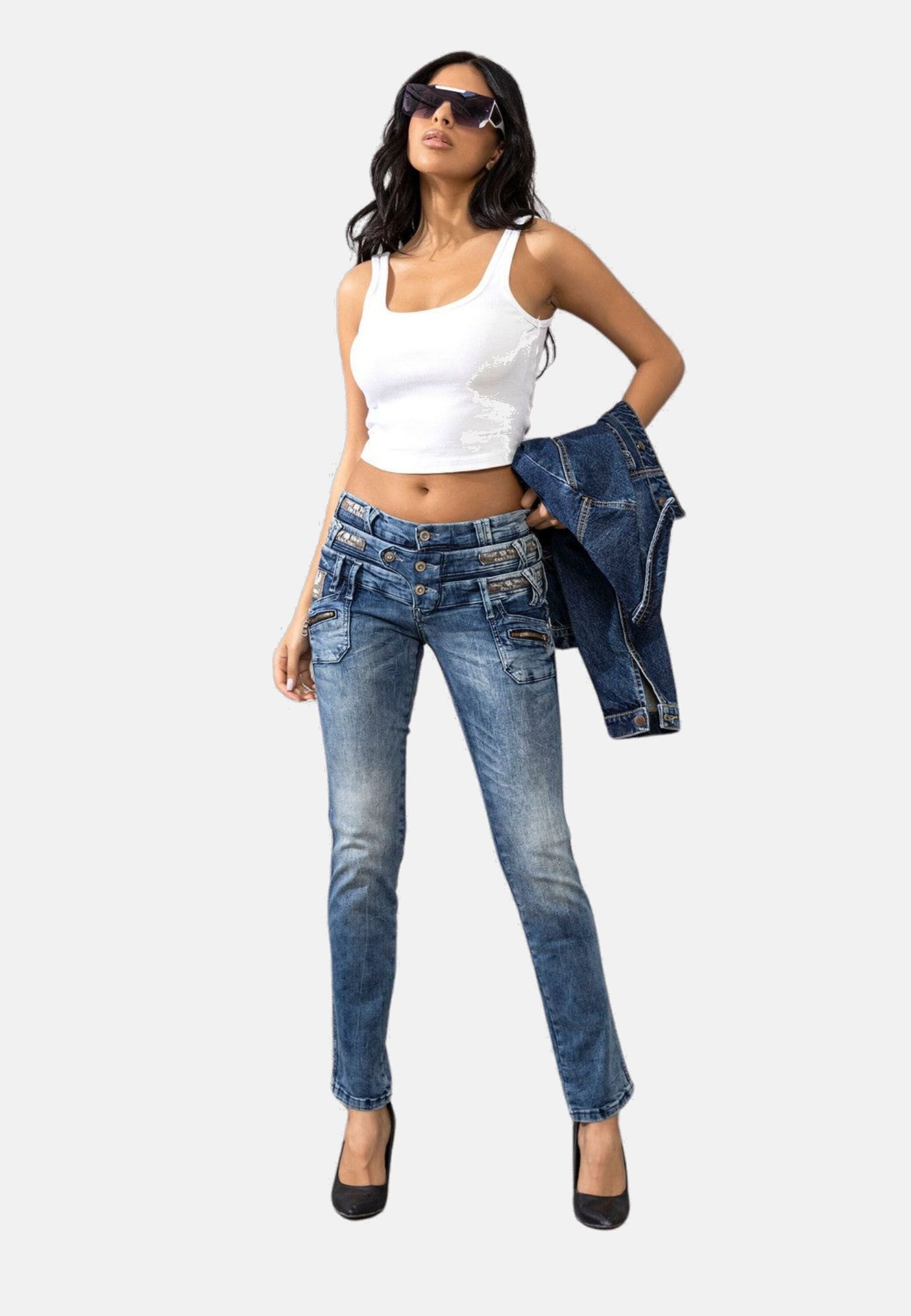 Slim-fit-Jeans CIPO & BAXX "Jeans", Damen, Gr. 29, Länge 32, blau, 98% Baumwolle, 2% Elasthan, unifarben, Basic, slim fit lang, Jeans Slim-fit-Jeans, mit Dreifachbund, WD345 3