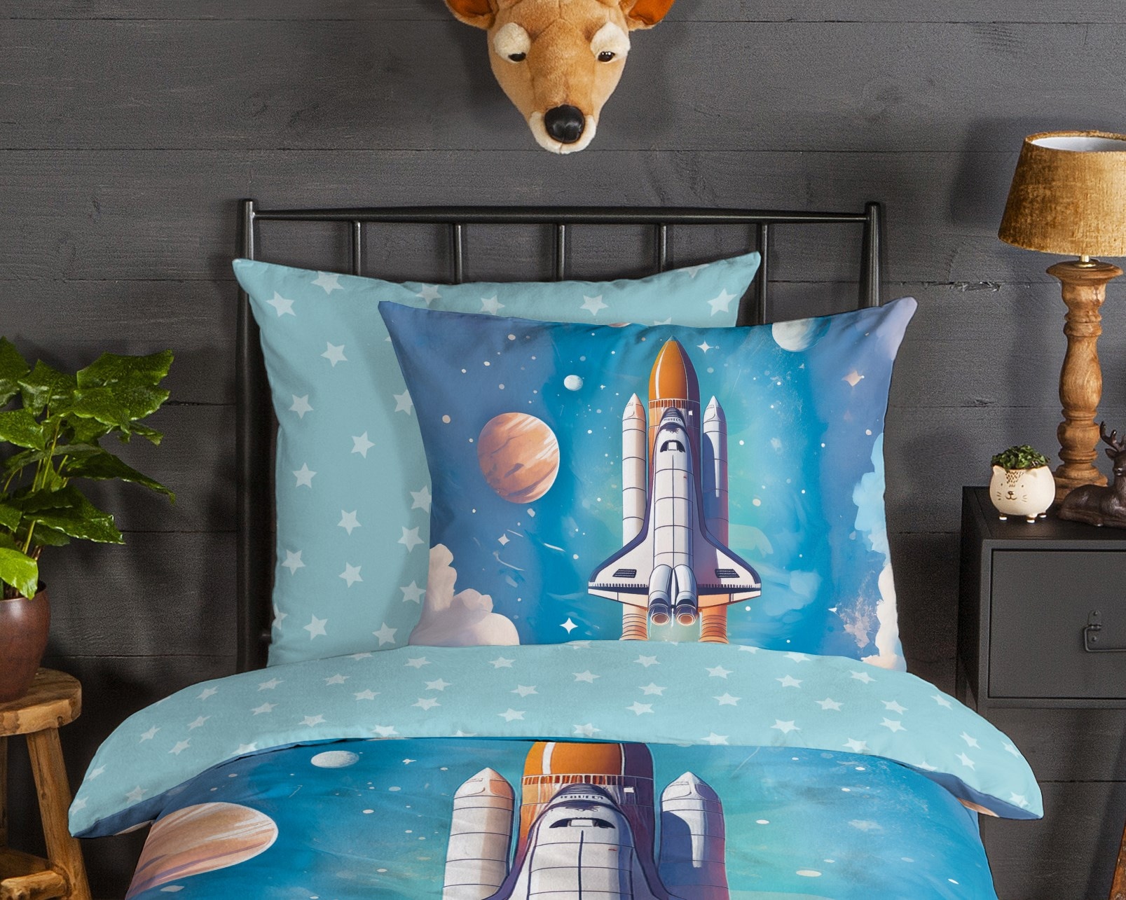 good morning Kinderbettwäsche »Fred« 2 Stk. tlg. Flanell Biber, 135x200, Warm, Reißverschluss, Wende, Weltraum, Rakete