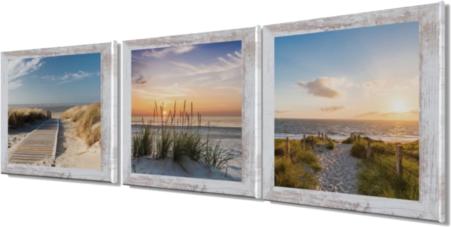 Bönninghoff Bild mit Rahmen »3er-Set gerahmte Bilder STRÄNDE 3x23x23 cm – Maritime Wanddeko« Düne | Meer | Strand 1 Stk. tlg. mehrteiliges Bilder-Set, harmonisch aufeinander abgestimmt