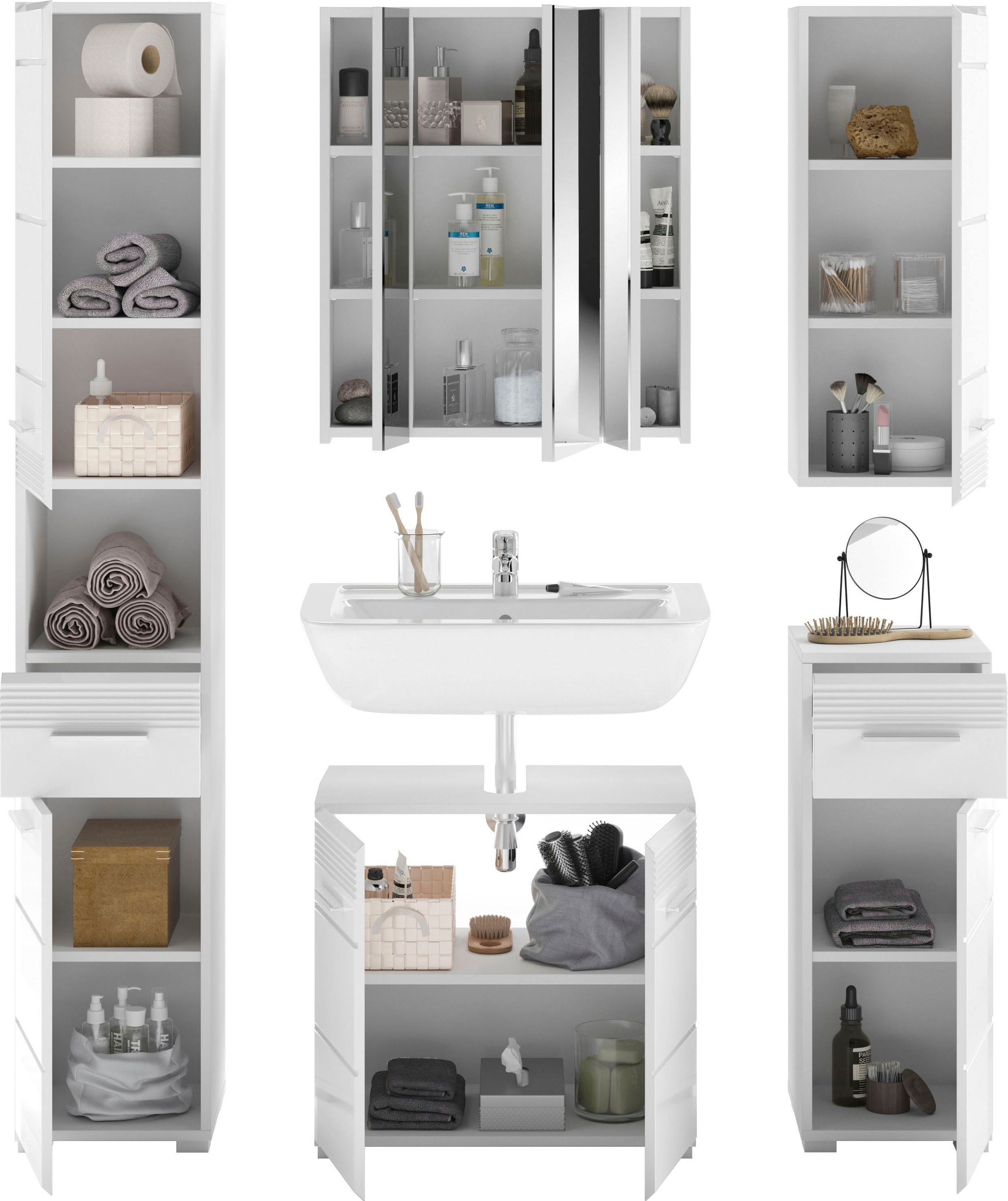 INOSIGN Badmöbel-Set »Malmö, 5 teilig, bestehend aus:«, (Set, 5 St.), Hochschrank, WBU, Spiegel, Unterschrank, Hängeschrank