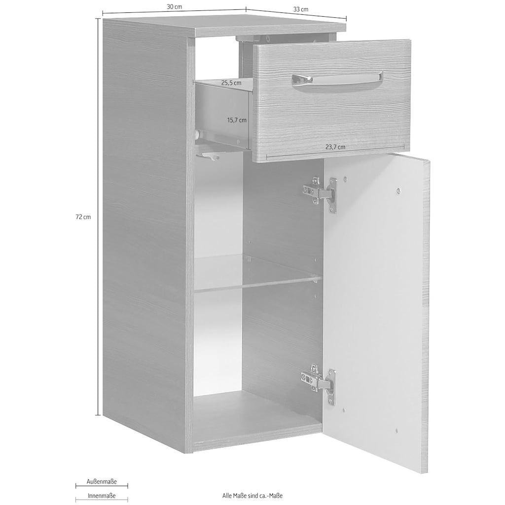 Saphir Unterschrank »Quickset Badschrank mit 1 Tür, 1 Schublade, 1 Glas-Einlegeboden«, 30 cm breit, Badezimmerschrank inkl. Türdämpfer, Griffe in Chrom Glanz