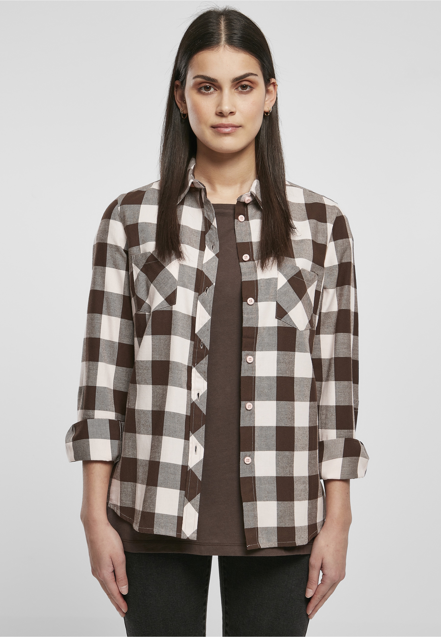 URBAN CLASSICS Kurzarmshirt »Urban Classics Damen Ladies Turnup Checked Flanell Shirt« 1 Stk.