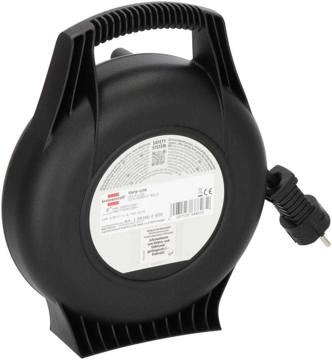 Brennenstuhl Stromkabel »Vario Line Kabelbox VL2-X 3-fach mit USB Ladefunktion« F-Stecker Typ F (Schuko) 1.000 cm