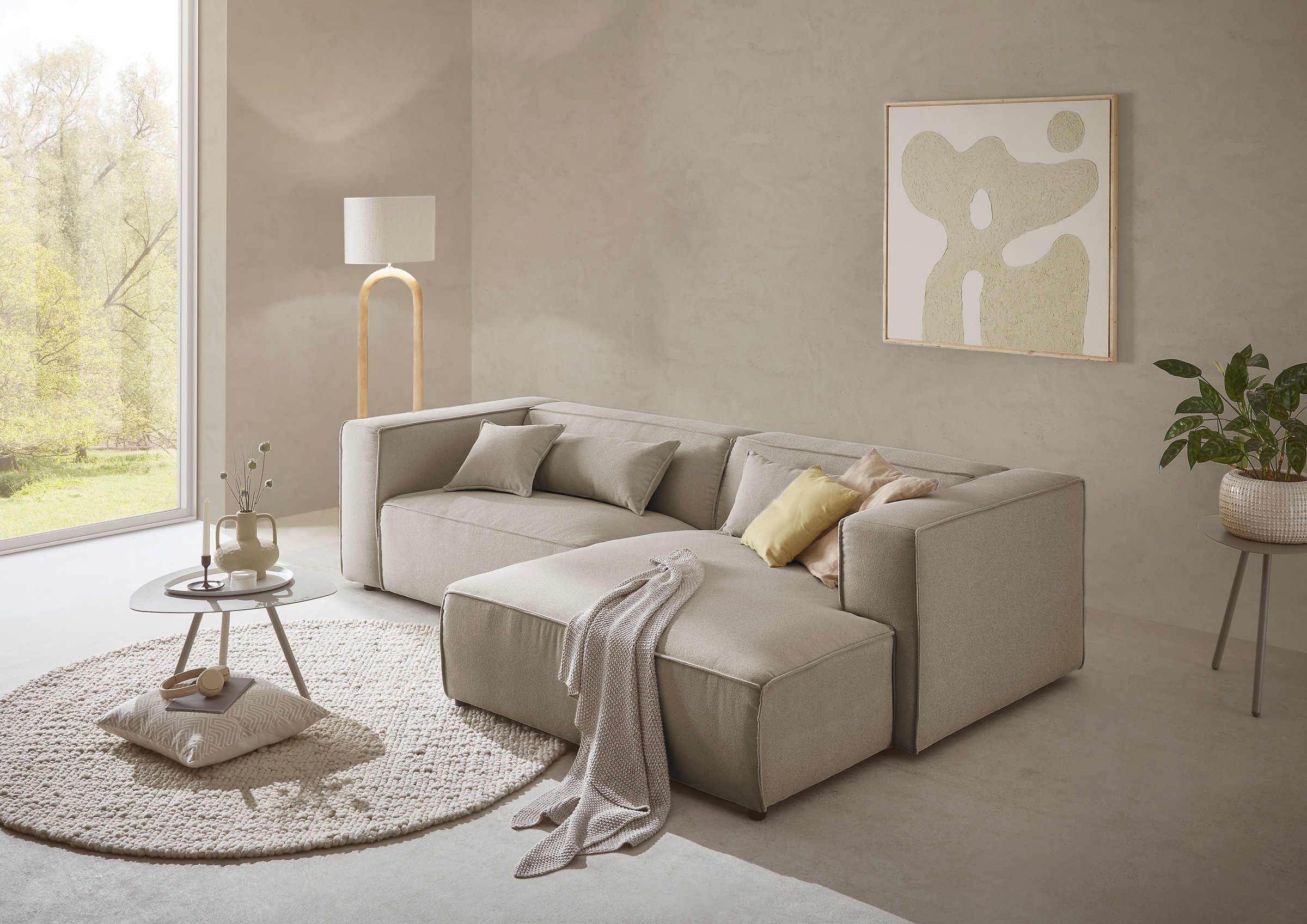 LeGer Home by Lena Gercke Ecksofa »PIARA mit Kedernaht in Cord oder Leinenoptik, moderne Couch in L-Form«, wahlweise Ottomane rechts/links, schwarze Füße, bequemer Sitzkomfort