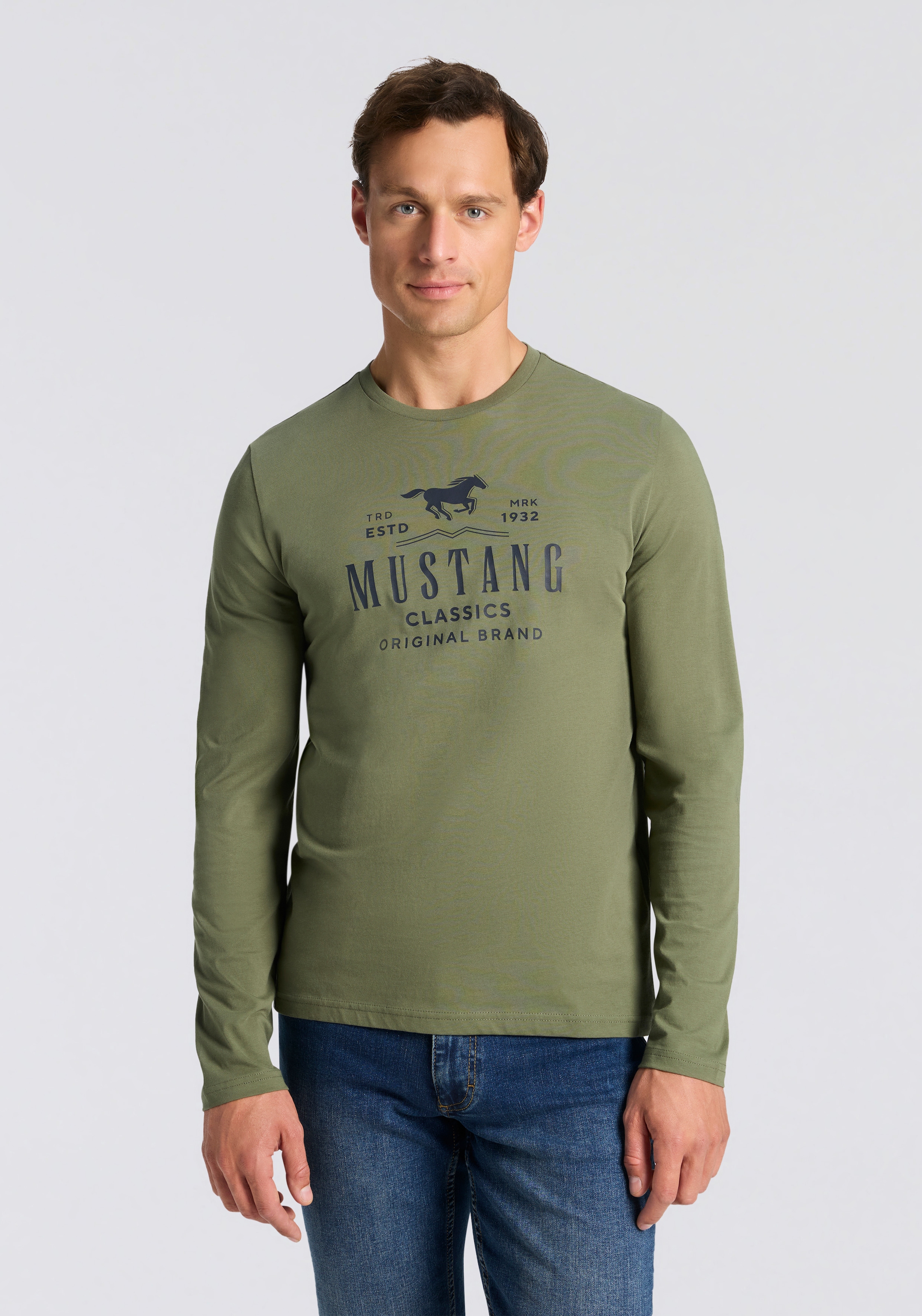 Langarmshirt MUSTANG "Style Adrian", Herren, Gr. 3XL, blau (mineral blau), Obermaterial: 100% Baumwolle, regular fit, Rundhals, Shirts Langarmshirt