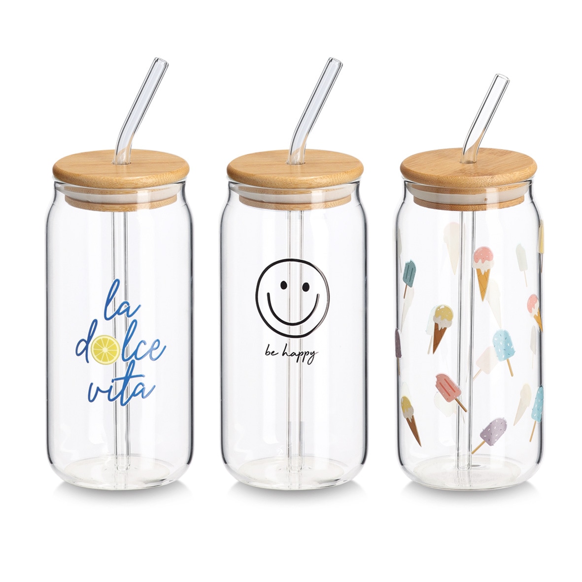Zeller Present Gläser-Set »Trinkglas-Set, 4er Set« Stilvolles Sommer-Motiv mit Deckel und Glastrinkhalm, 500 ml