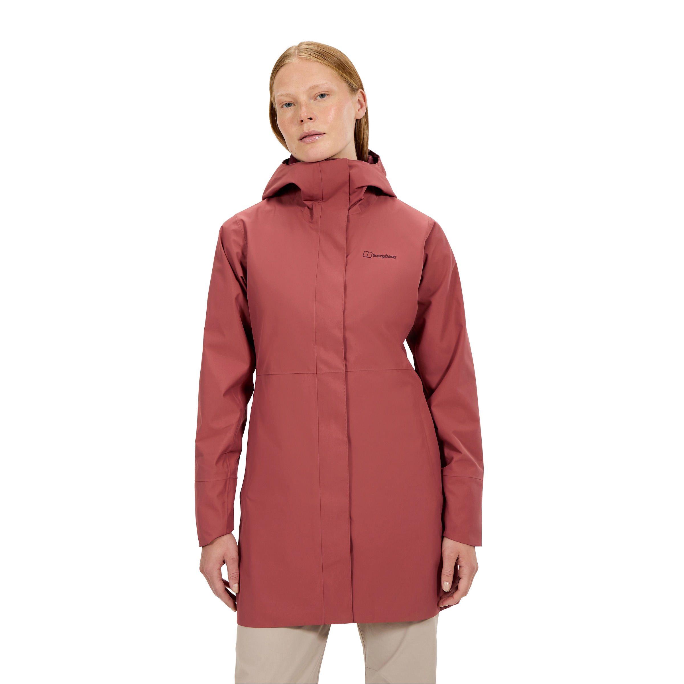 Berghaus Softshelljacke "OMEARA LONG SHELL JKT AF" mit verstellbarer Kapuze, atmungsaktiv, wasserdicht, lange Passform