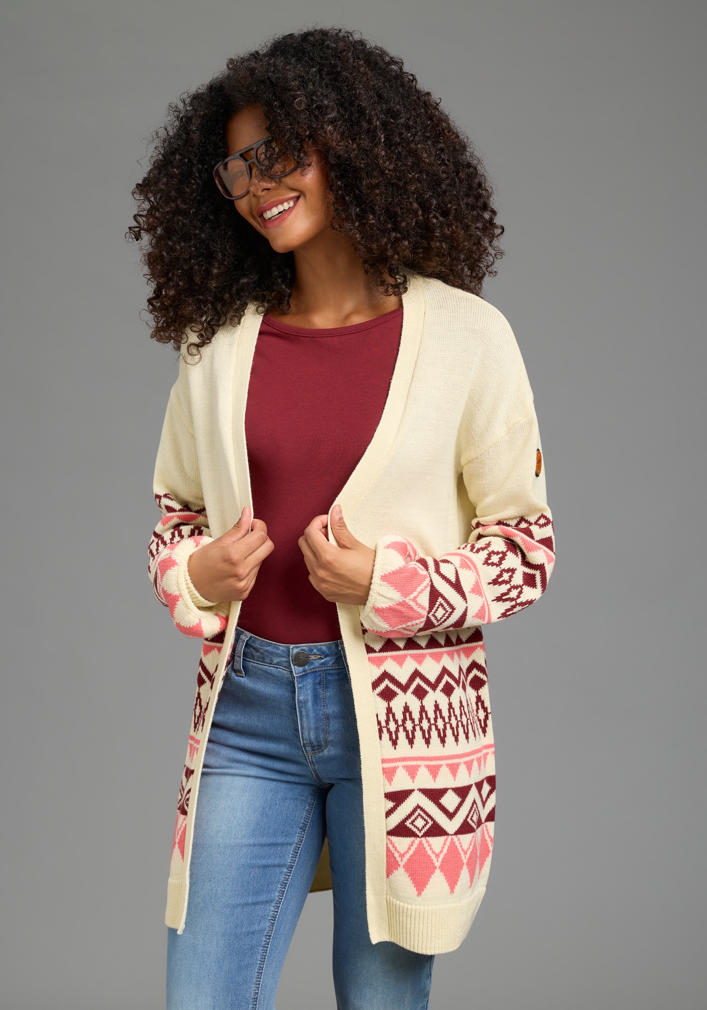 KangaROOS Longstrickjacke lang geschnitten, ohne Verschluss, figurumspielende Passform