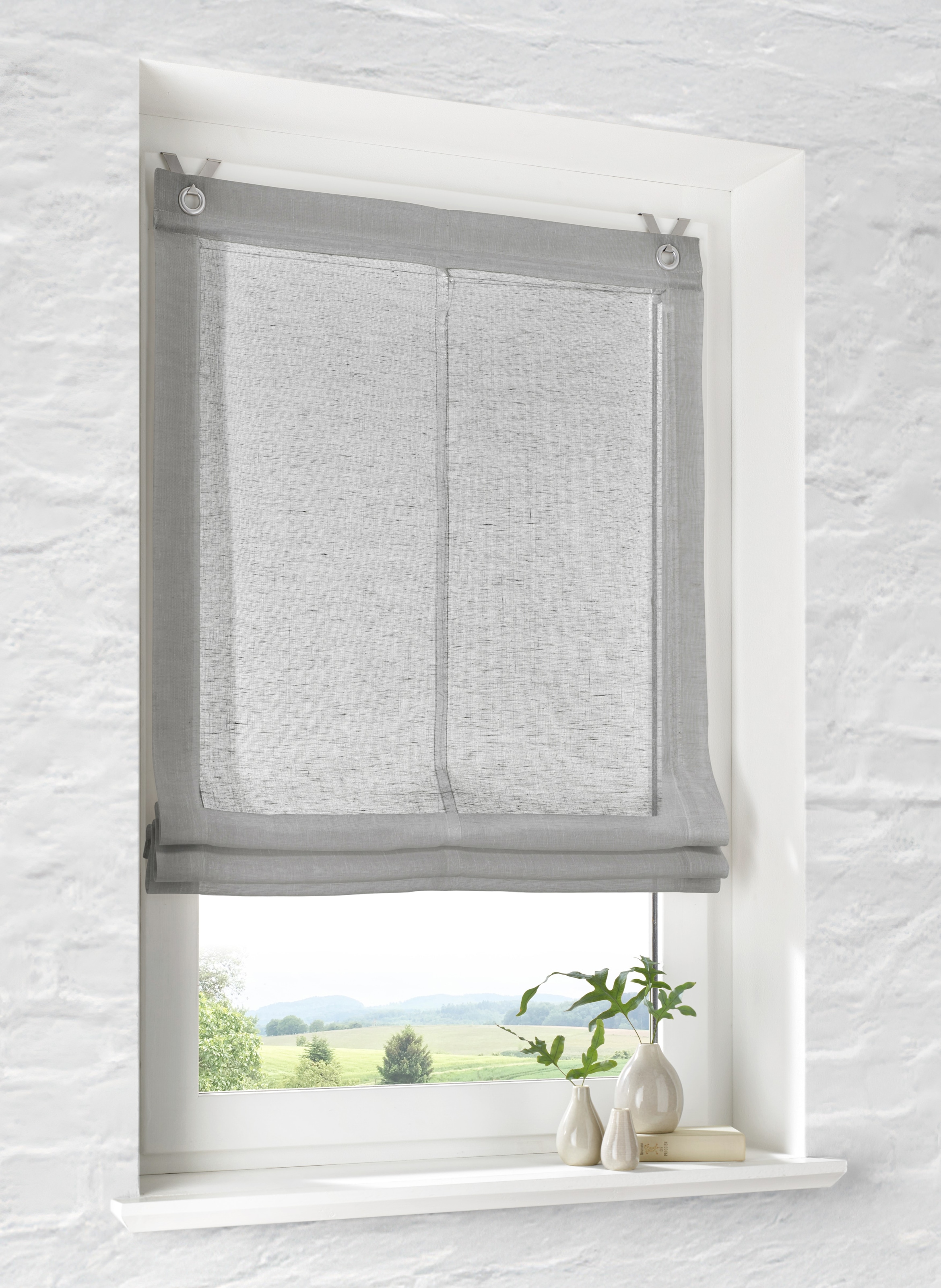 Kutti Raffrollo »Brondby« mit Hakenaufhängung ohne Bohren freihängend Leinenoptik lichtfilternd Edelstahlhaken