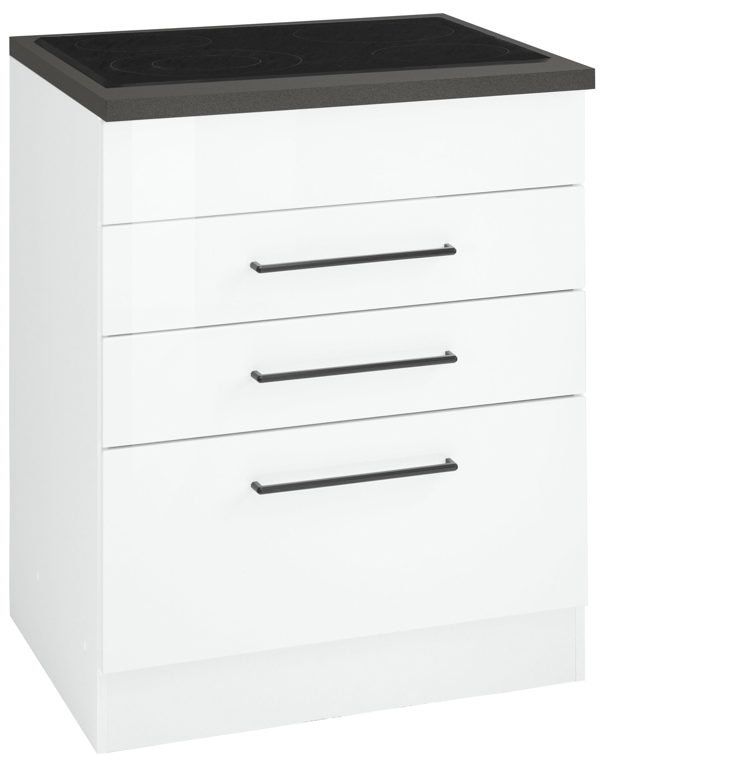 KOCHSTATION "KS-Tulsa" 60 cm breit, 2 Schubladen, 1 großer Auszug, schwarzer Metallgriff