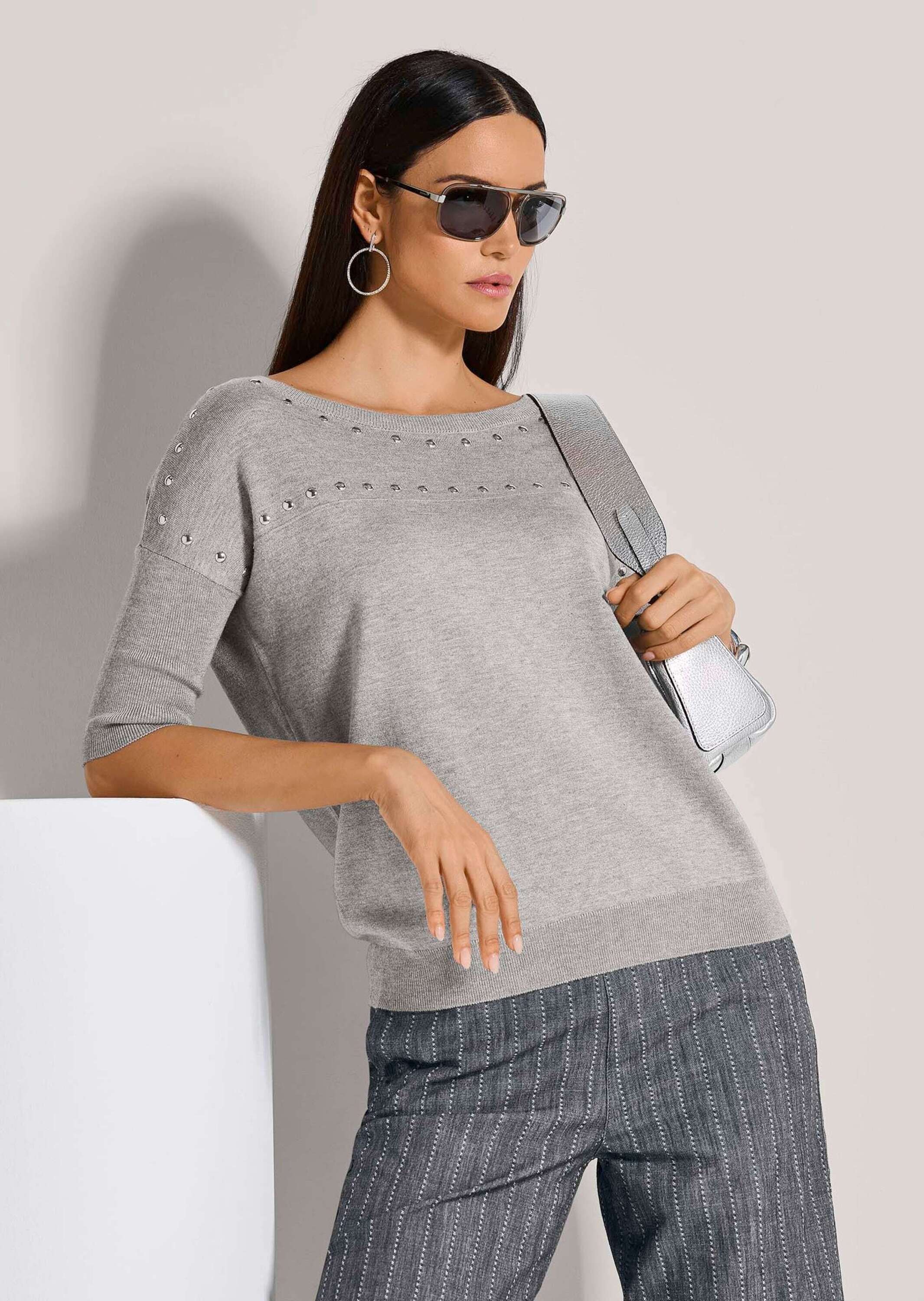 MADELEINE Longpullover »Pullover Halbarm-Pullover mit Ziersteinen«