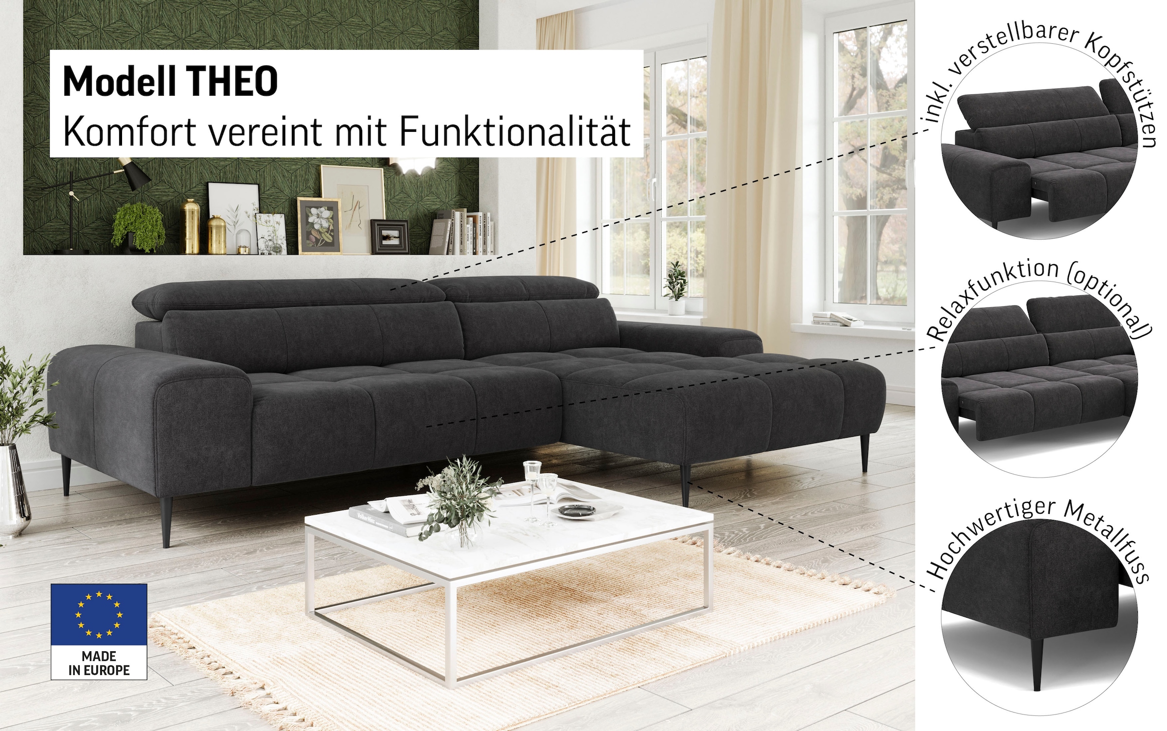 COTTA Ecksofa »Theo L-Form, B: 290 cm« mit Kopfteilverstellung, optional Sitztiefenverstellung