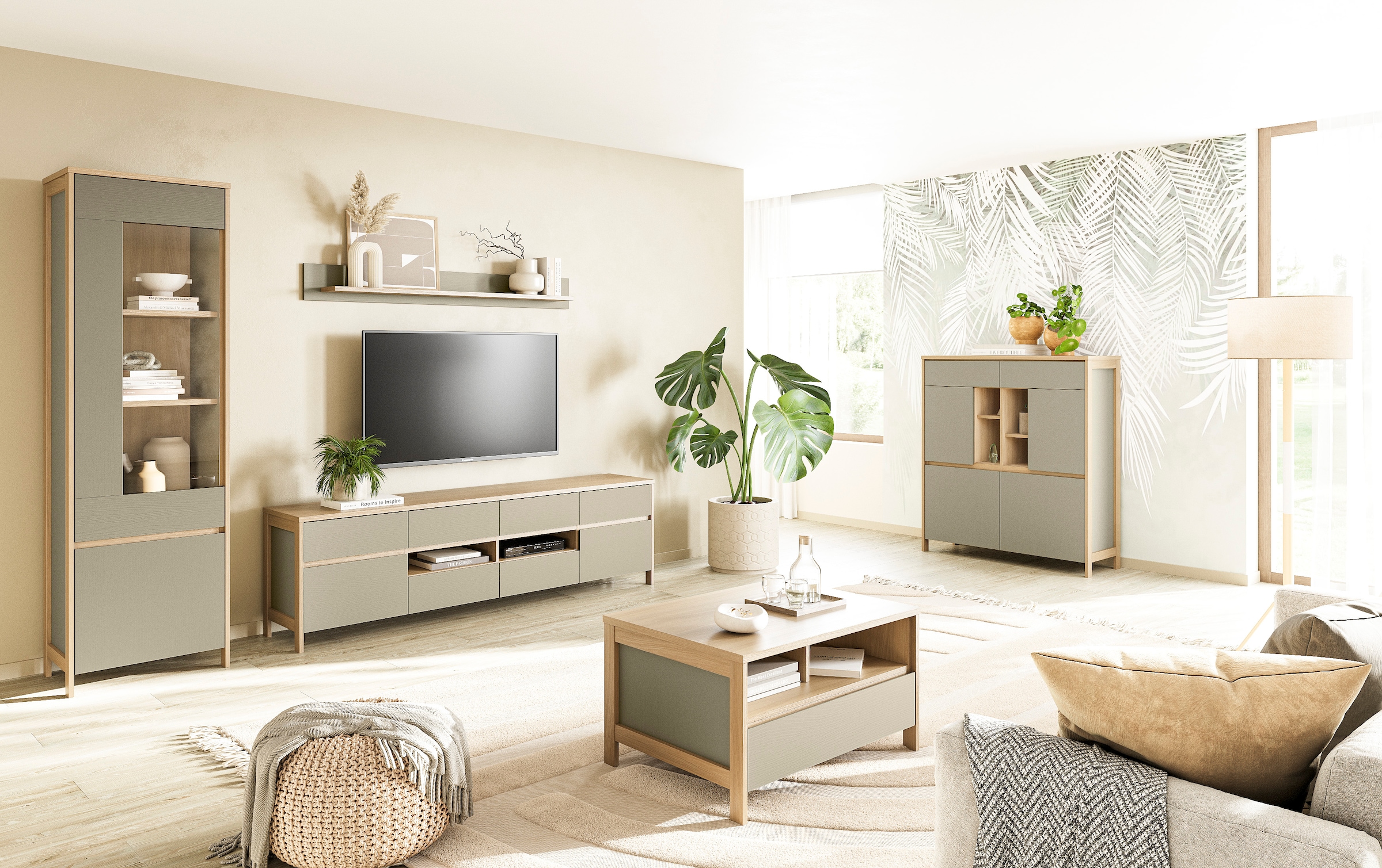 Home affaire Wohnwand »Stranda, moderne Anbauwand, Komplettset im Scandi-Style«, (3 St.), enthält Vitrine, Lowboard und Wandboard, 270 cm breit