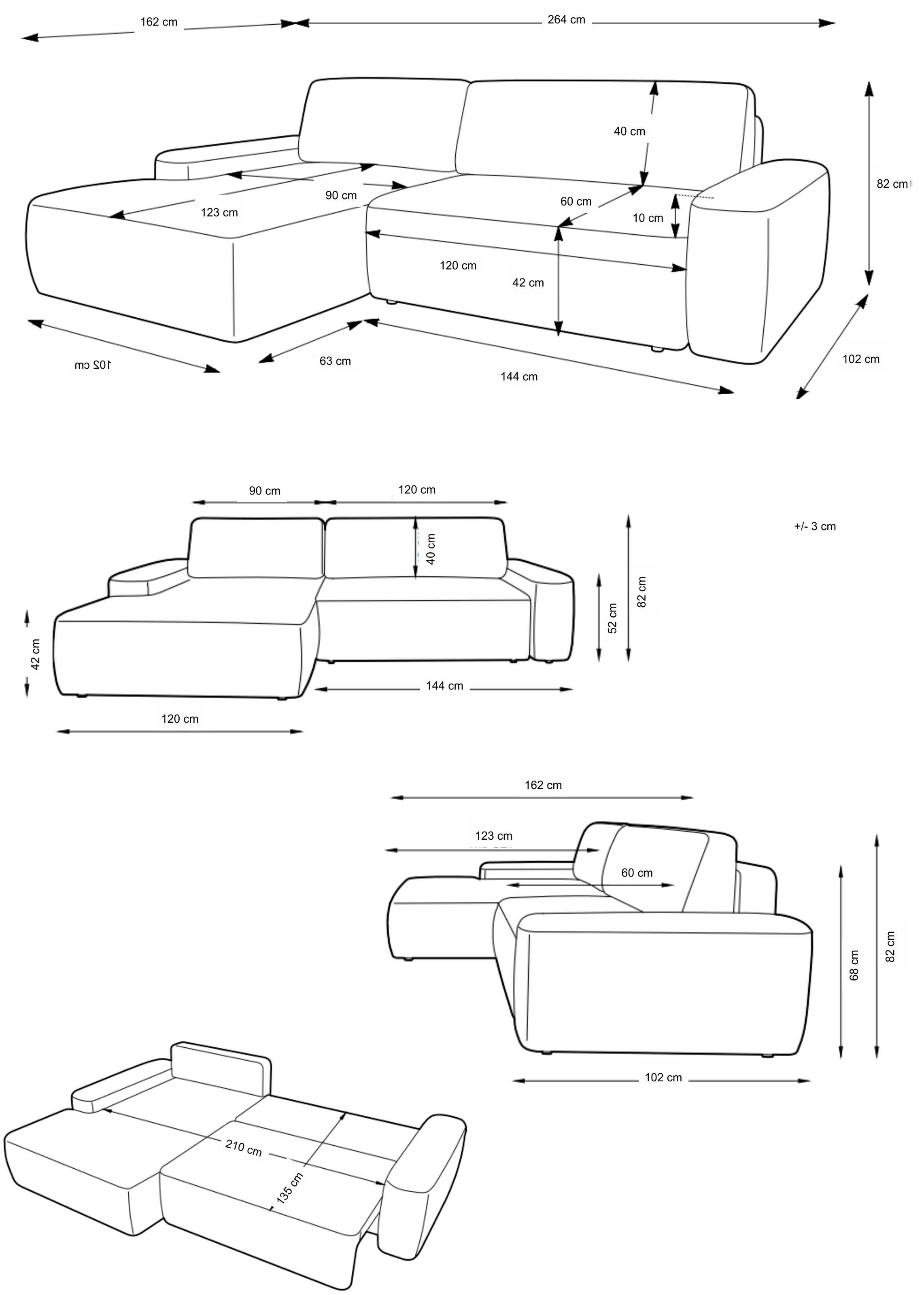 INOSIGN Ecksofa »TORGE (264cm), Schlafsofa in Cord, Samtvelours o Struktur fein, L-Form«, Schlaffunktion, Bettkasten, Liegefläche: 125/210 cm