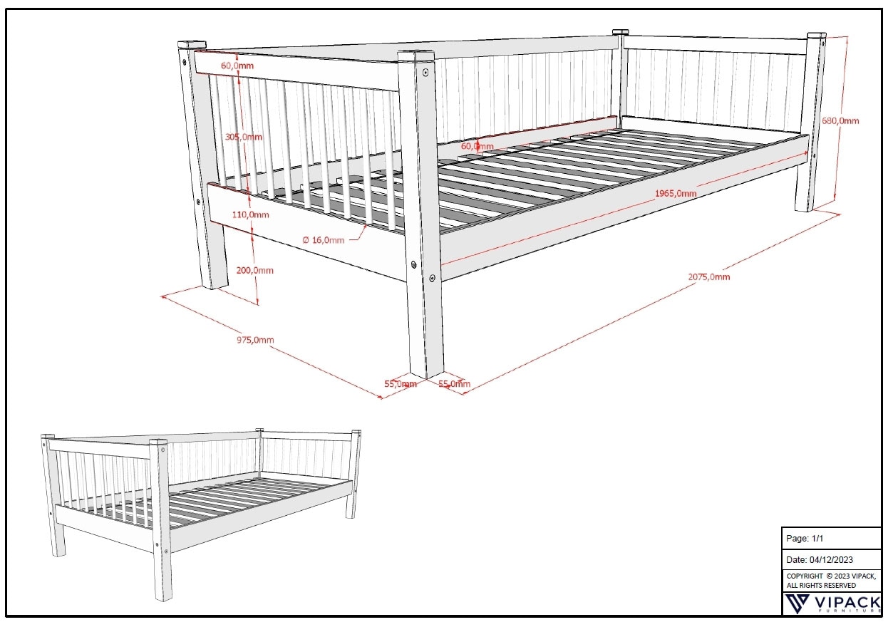 Vipack Daybett »Liegefläche 90 x 200 cm, inkl. Sprossenumrandung, zeitloses Design« Buche massiv, sehr stabil und standfest gebaut, inkl. Rolllattenrost,  zusätzlich inkl. Rausfallschutz vorne