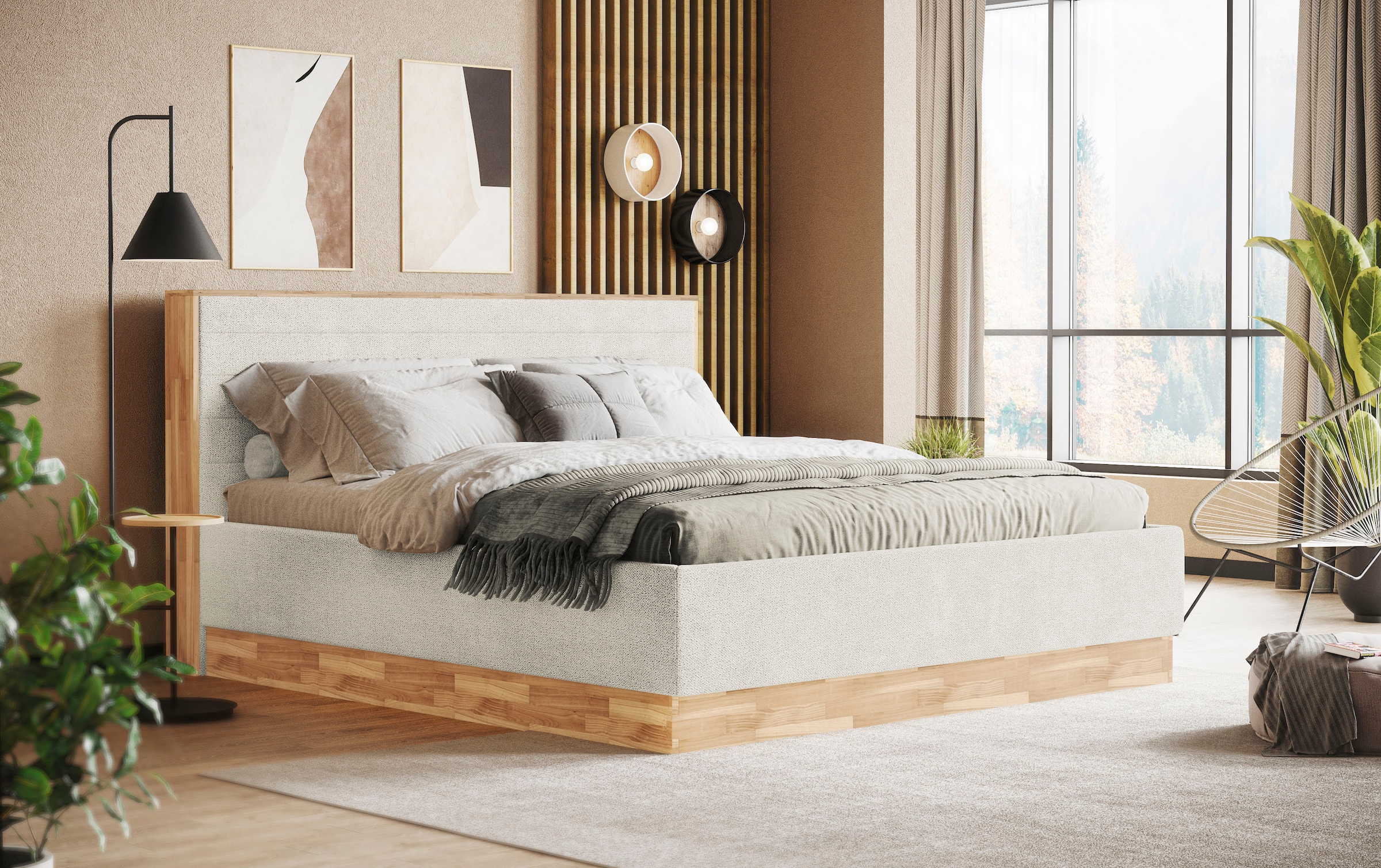 Polsterbett COTTA, B:199cm H:113cm L:224cmsand, Betten, "PESETA inkl. Lattenrost und Stauraum, erhältlich in 160cm & 180cm", mit Echtholzleiste und