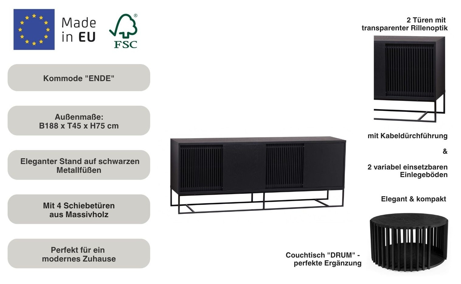 Woodman Sideboard »Ende«, Kommode, teilmassiv, Metallfüße, Breite 188 cm, FSC®