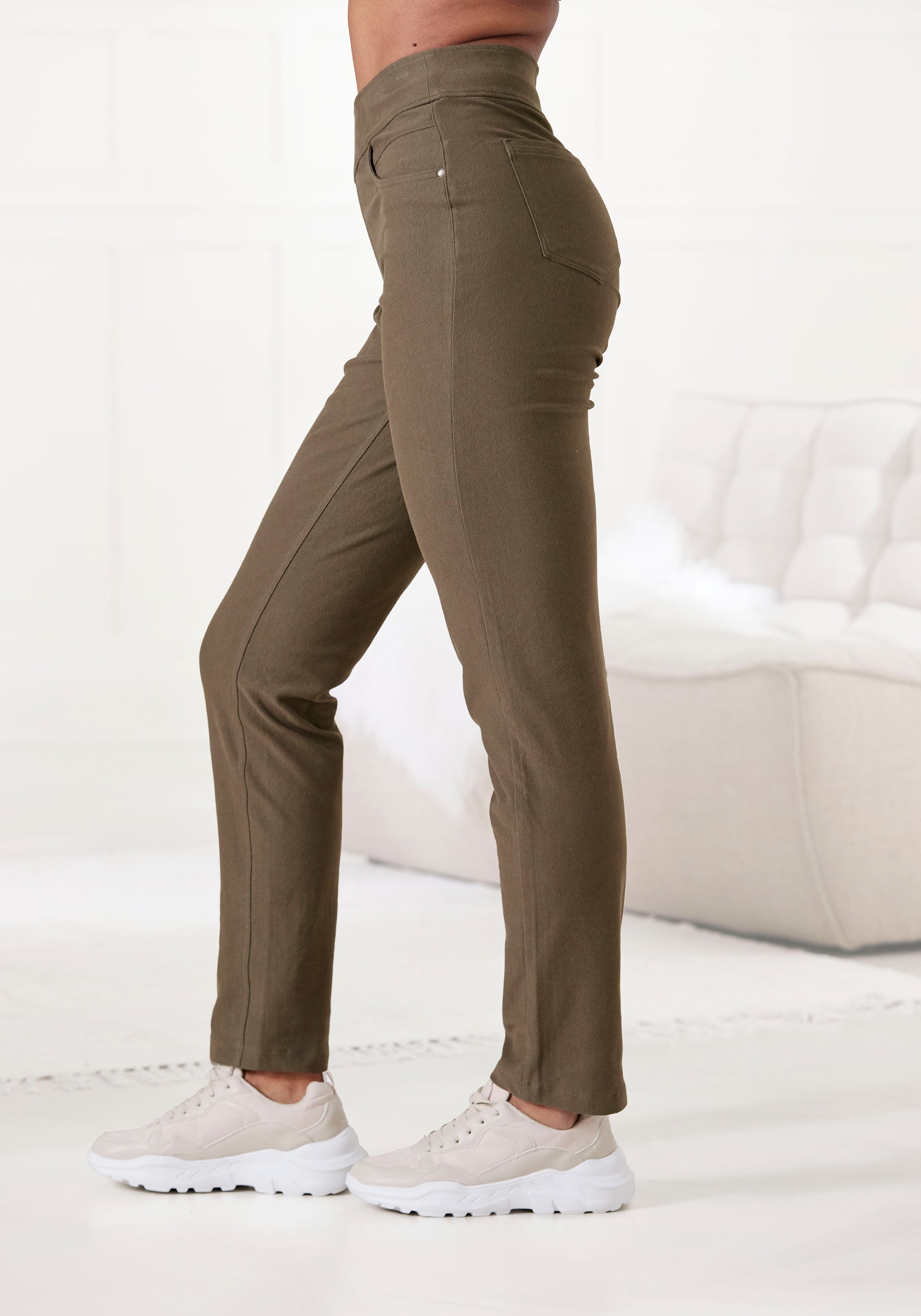 Schlupfhose H.I.S, Damen, Gr. 44/46, N-Gr, grün (olive), Obermaterial: 70% Baumwolle, 25% Polyester, 5% Elasthan, unifarben, Basic, bequem lang, Hosen Schlupfhose, in Jeans Optik, Loungewear