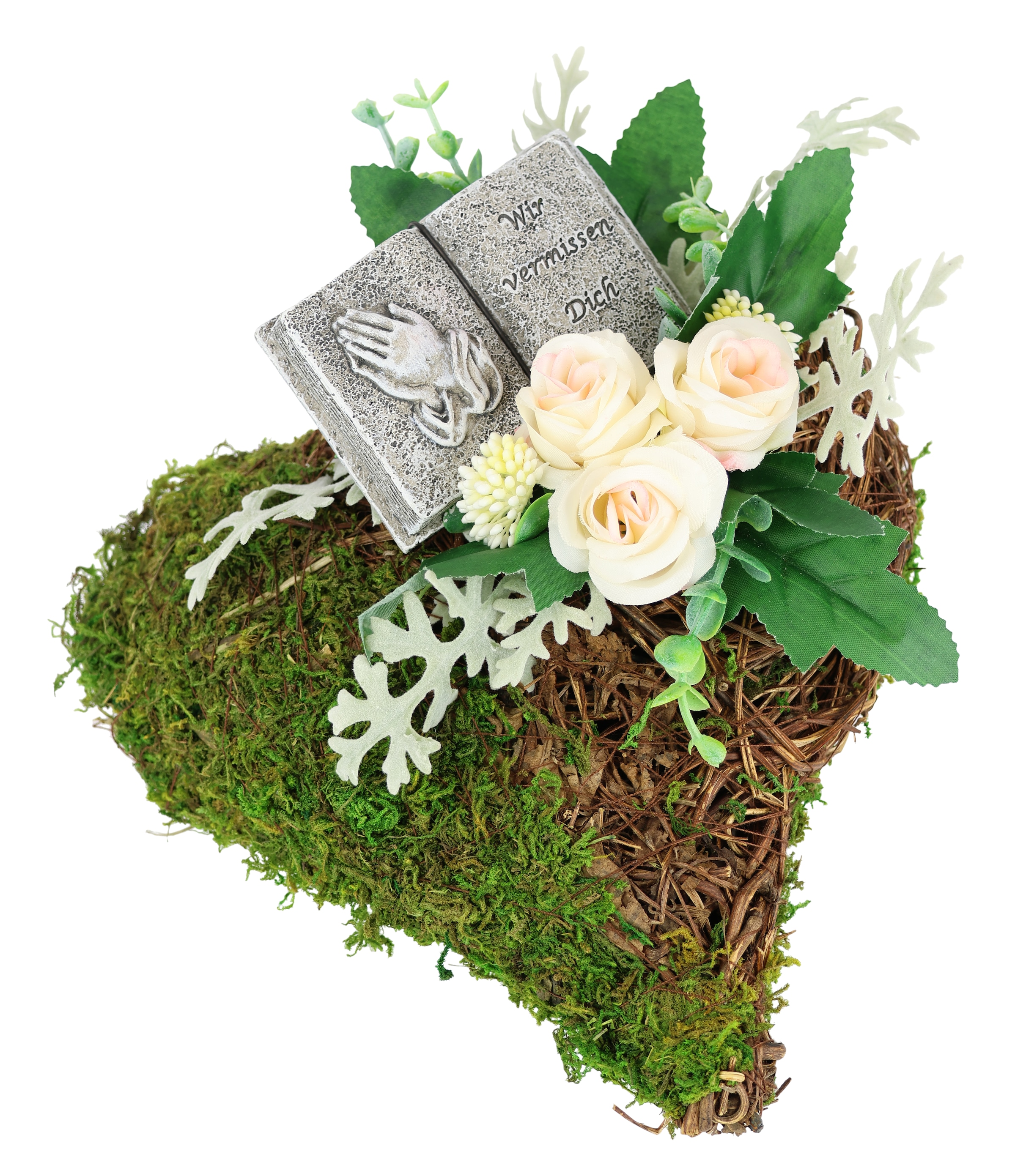 OTTO home Kunstblume "Gesteck mit Rosen und Gedenkbuch auf Herz-Pflanzschale" Dekoratives Herzgesteck mit Buchfigur und cremefarbenen Rosen