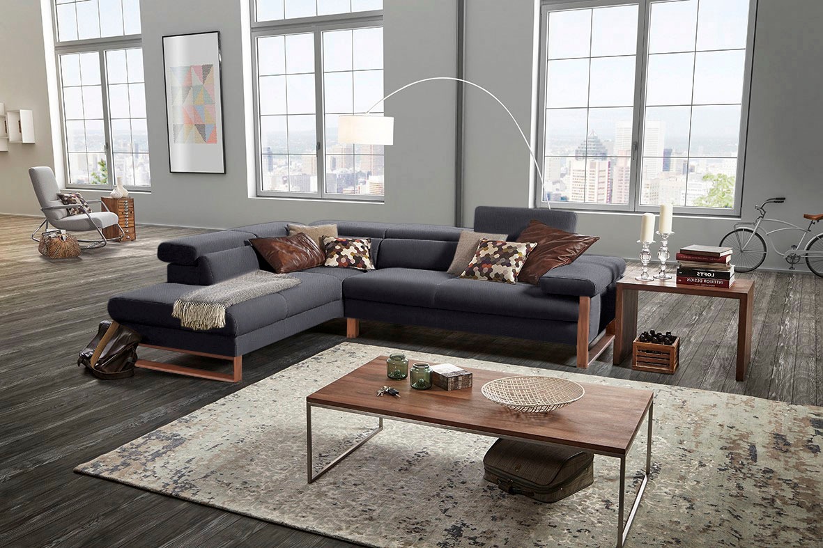 W.SCHILLIG Ecksofa »finn, Designsofa mit tollem Sitzkomfort, bequem, L-Form«, German Design Award 2016, Fußgestell Nussbaum natur, Breite 281 cm