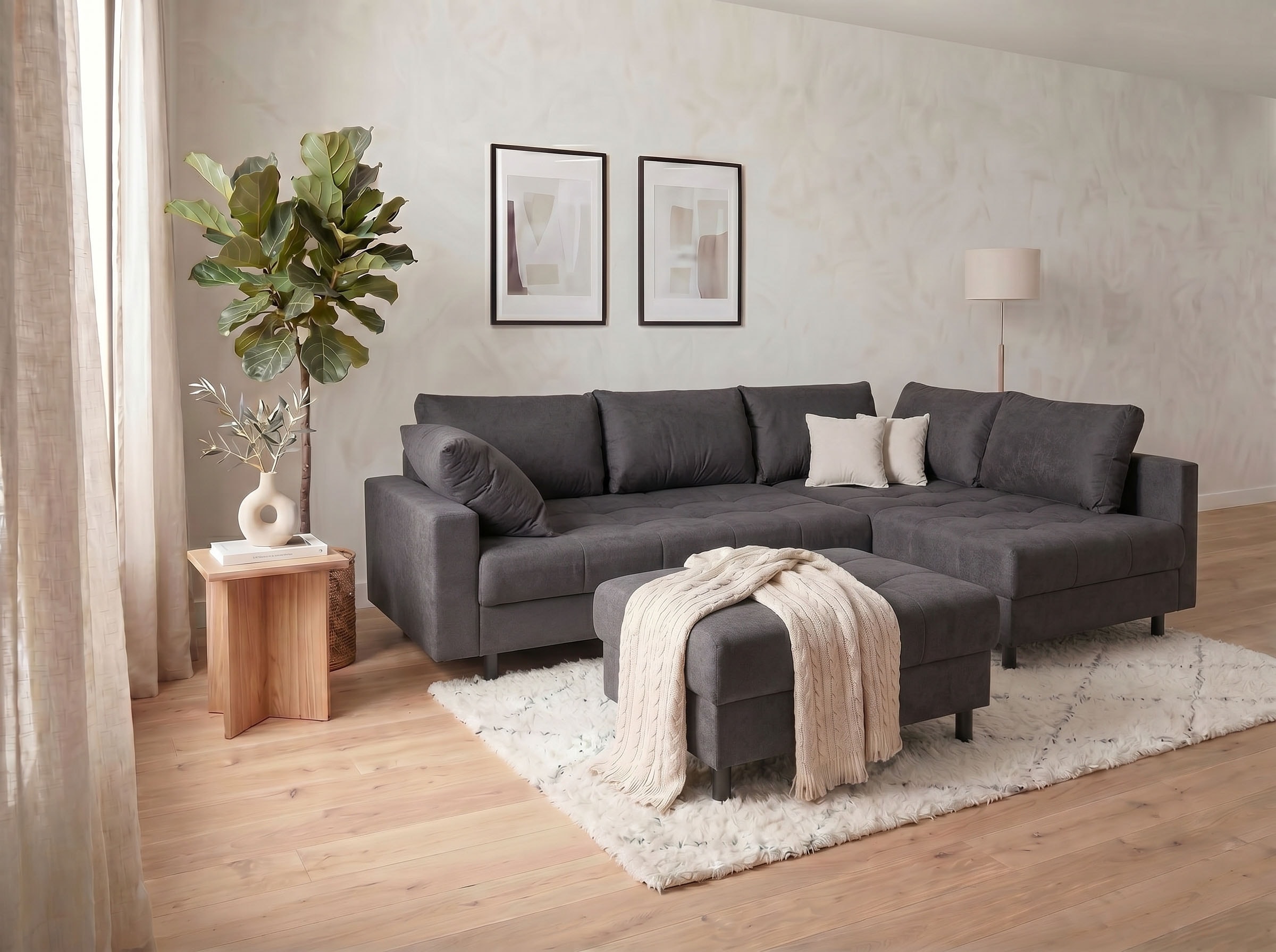 COLLECTION AB Ecksofa "Toni XL L-Form 274 cm Set inkl. Hocker" Set: Sofa & Hocker, 2 Zierkissen, Bonell-Federkern