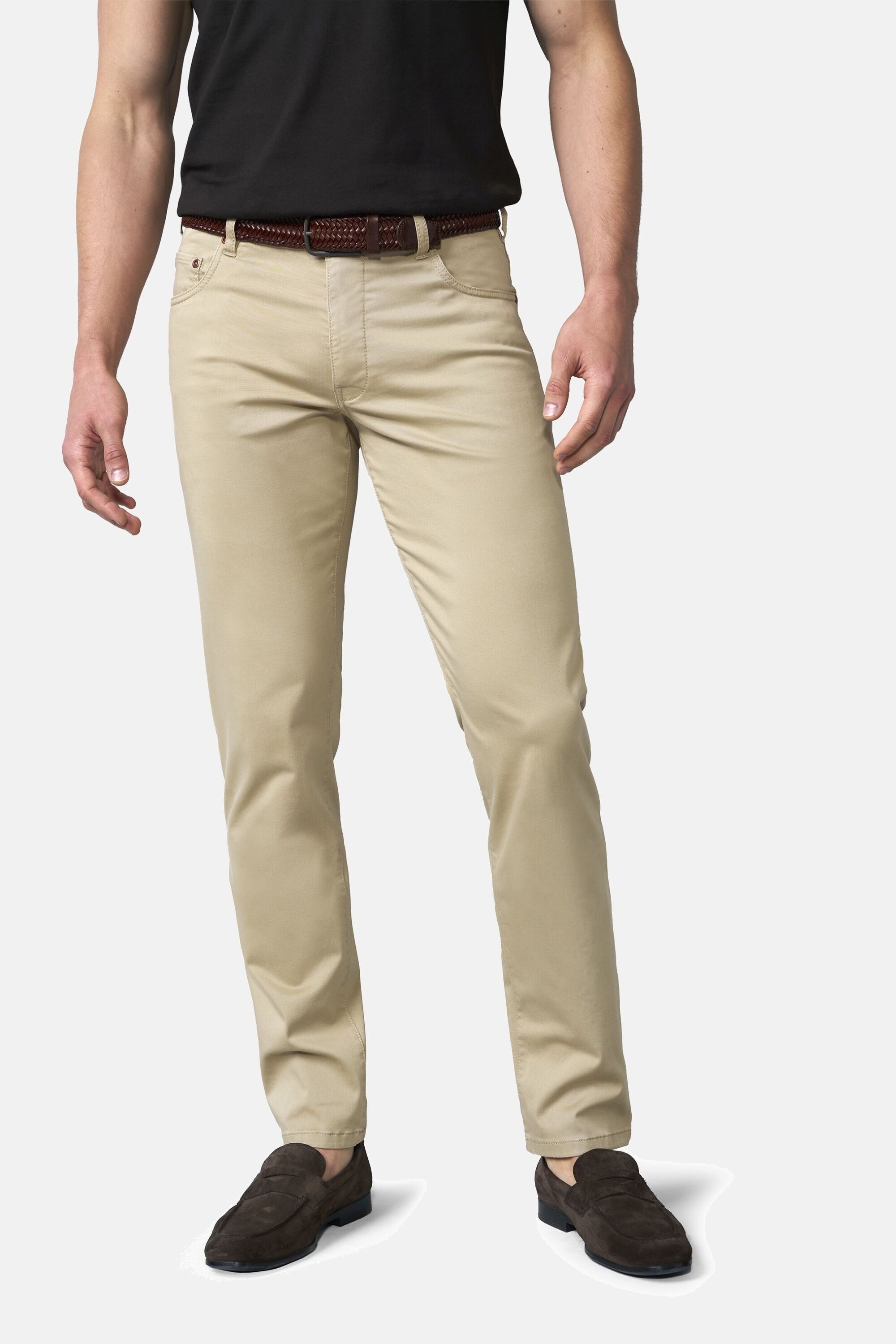 Chinos MEYER "M5 Five Pocket", Damen, Gr. 34, Länge 36, beige, 89% Baumwolle, 8% Elastomultiester, 3% Elasthan, unifarben, regular fit lang, Hosen, M5 Five aus High Performance Satin